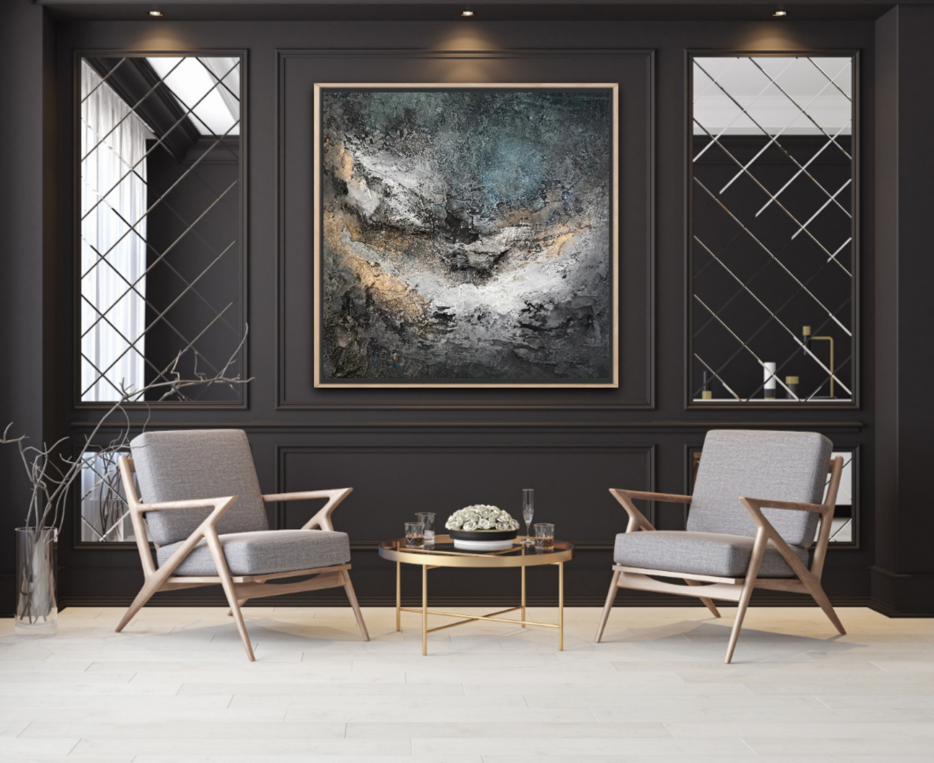 Vibrant mixed-media abstract art with layered structure showcased in modern interior design