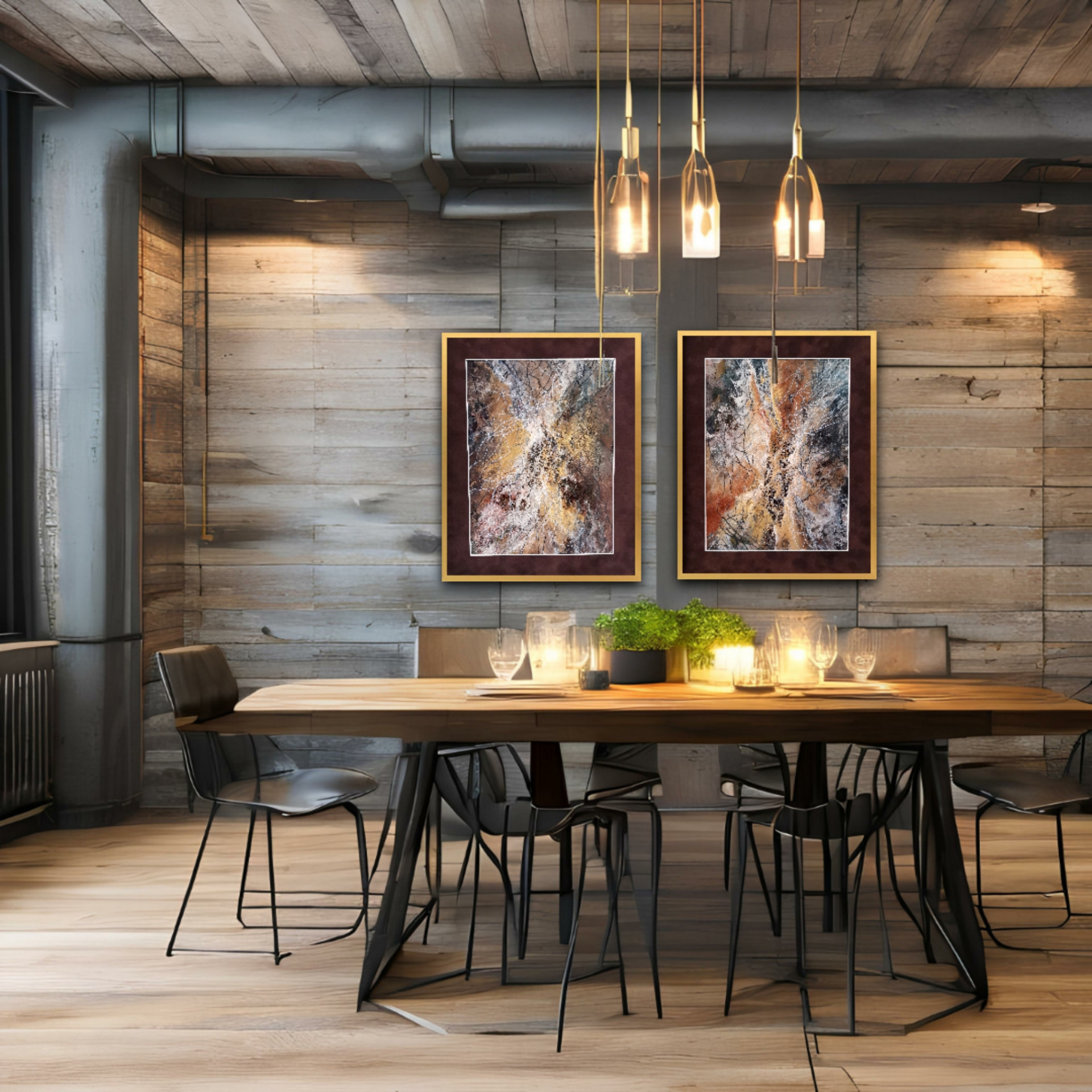 Vibrant mixed-media abstract art with layered structure showcased in modern interior design