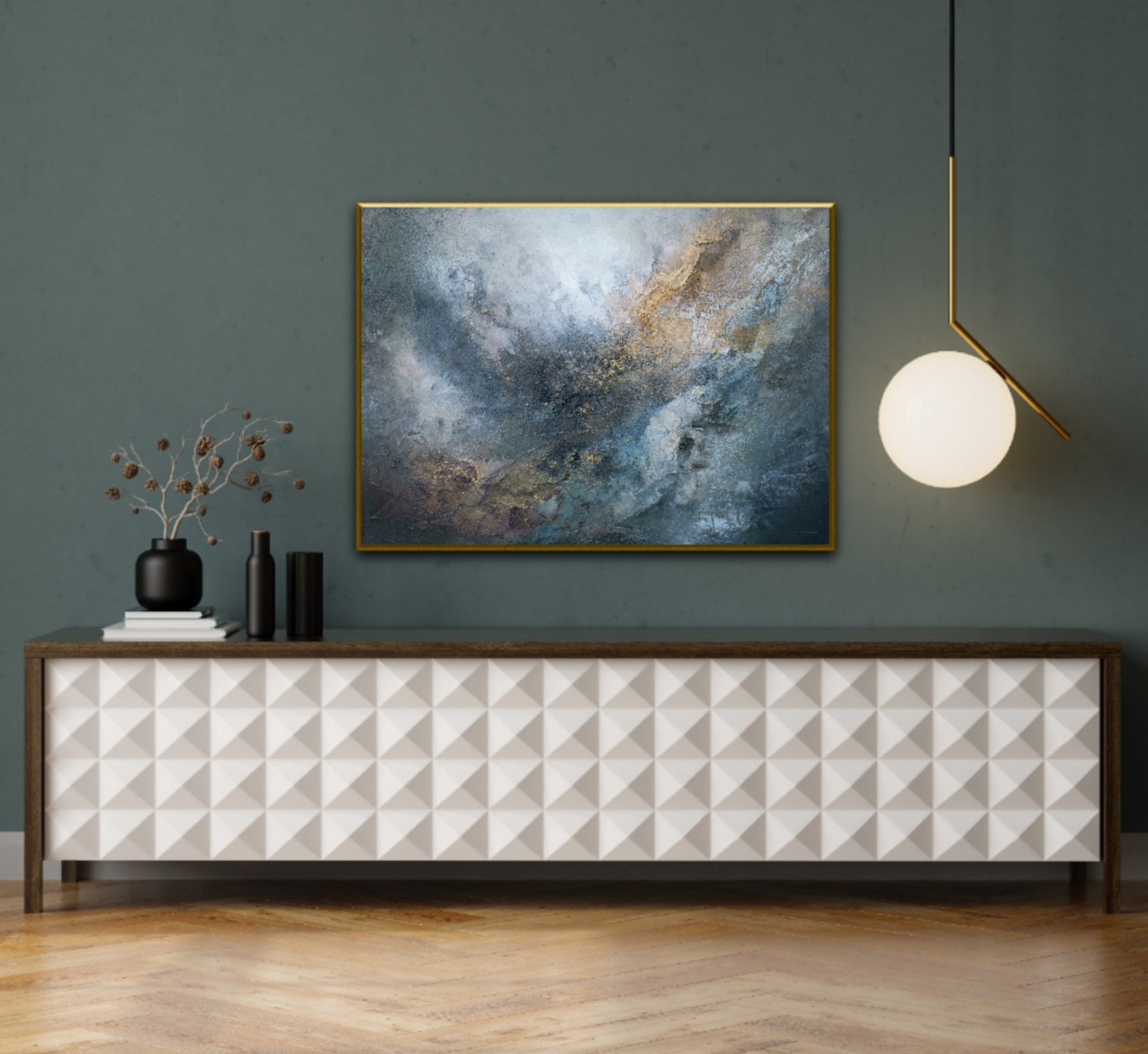 Vibrant mixed-media abstract art with layered structure showcased in modern interior design