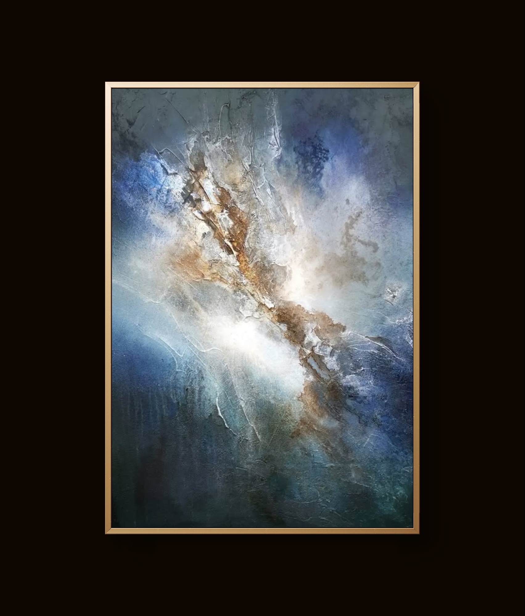 Abstract painting with bright white center surrounded by deep blue and warm brown textured layers