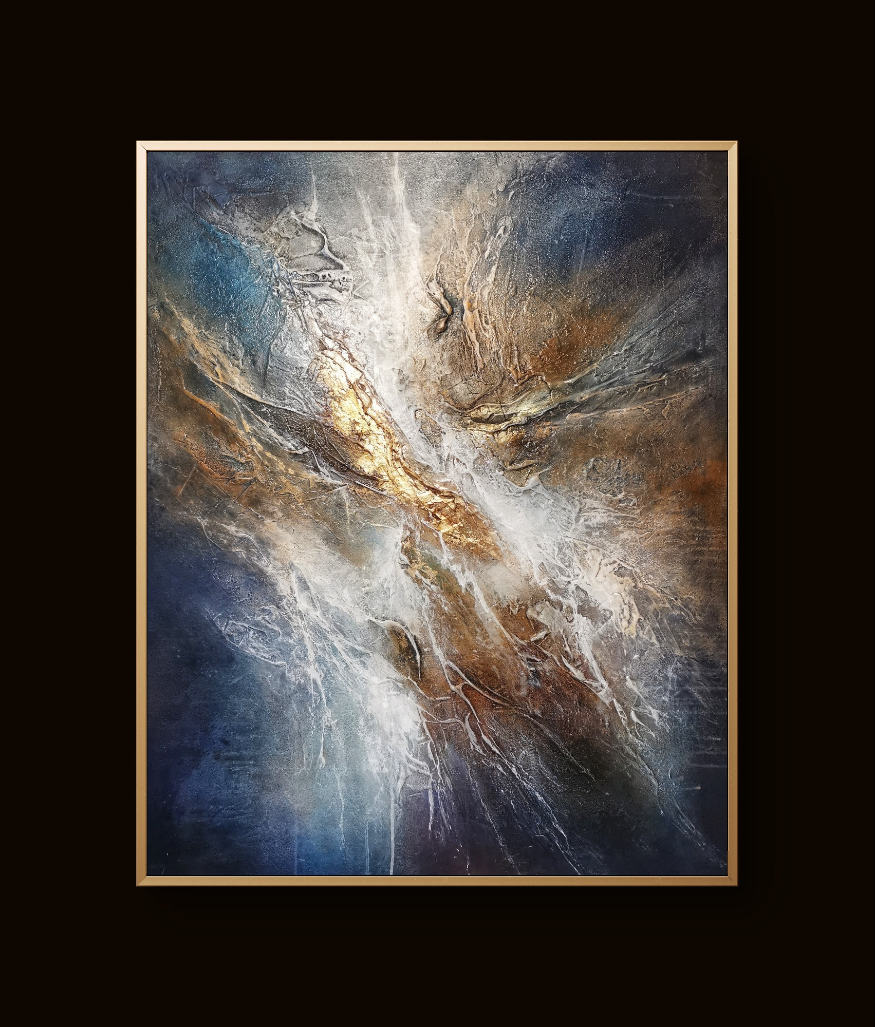 Abstract painting with bright white center surrounded by deep blue and warm brown textured layers