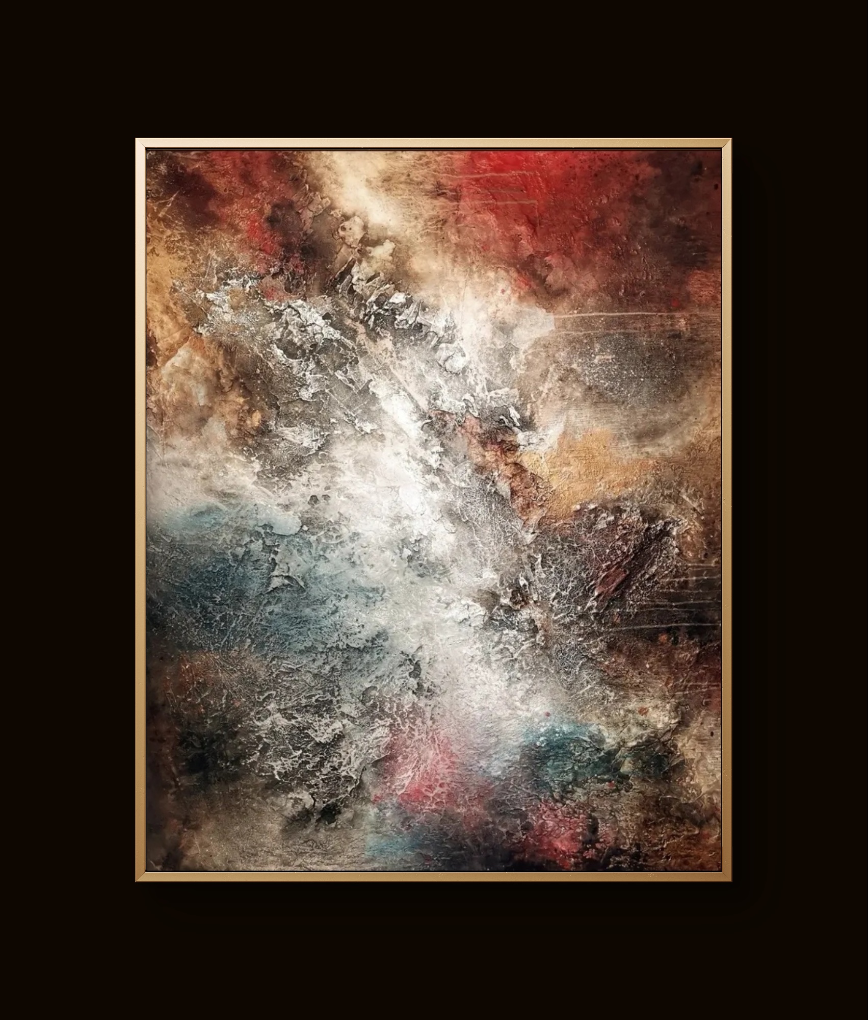 Modern abstract art blending warm and cool hues with dynamic textured brushstrokes