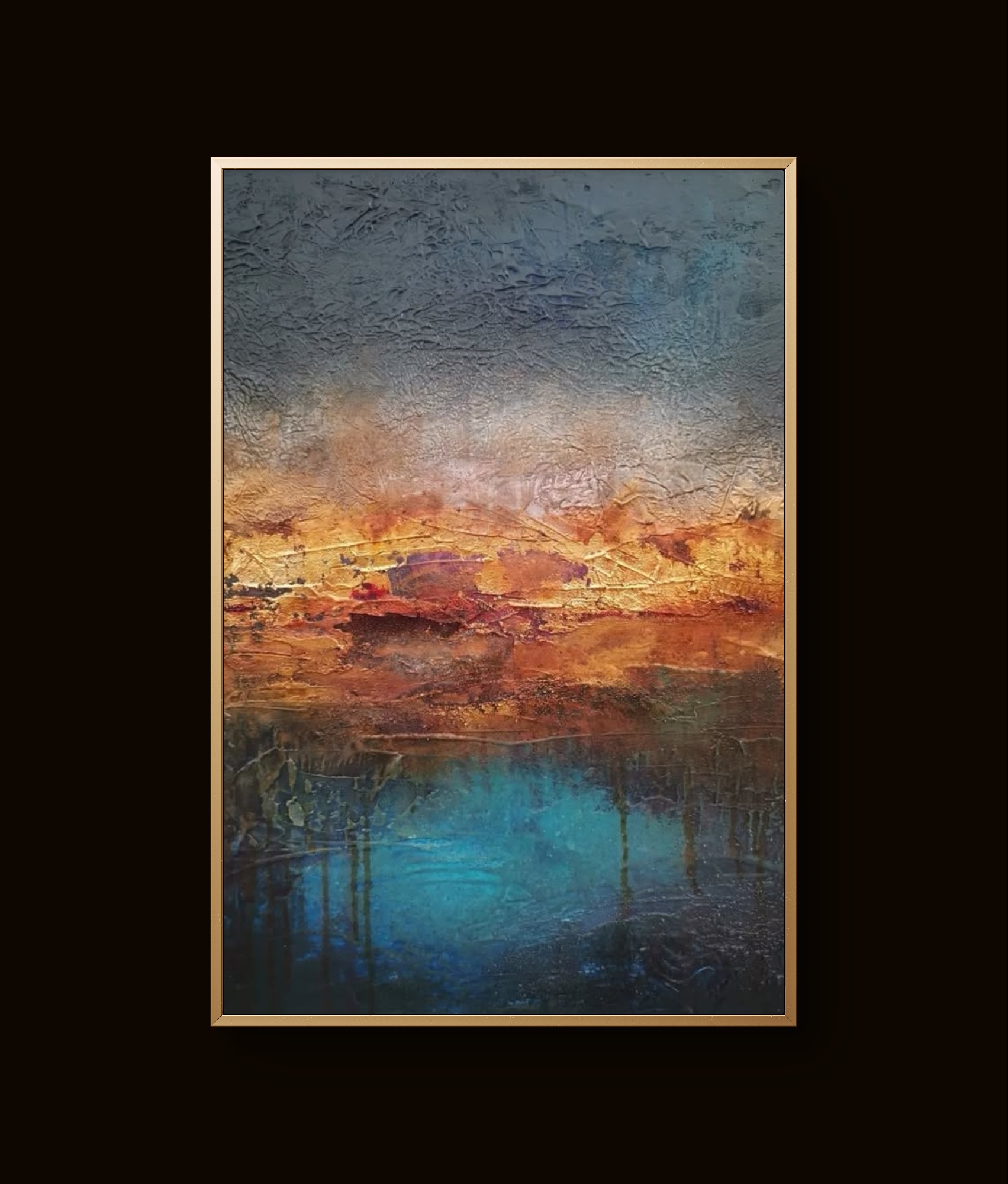 Abstract painting with rich brown, red, and gold tones creating textured depth and warmth