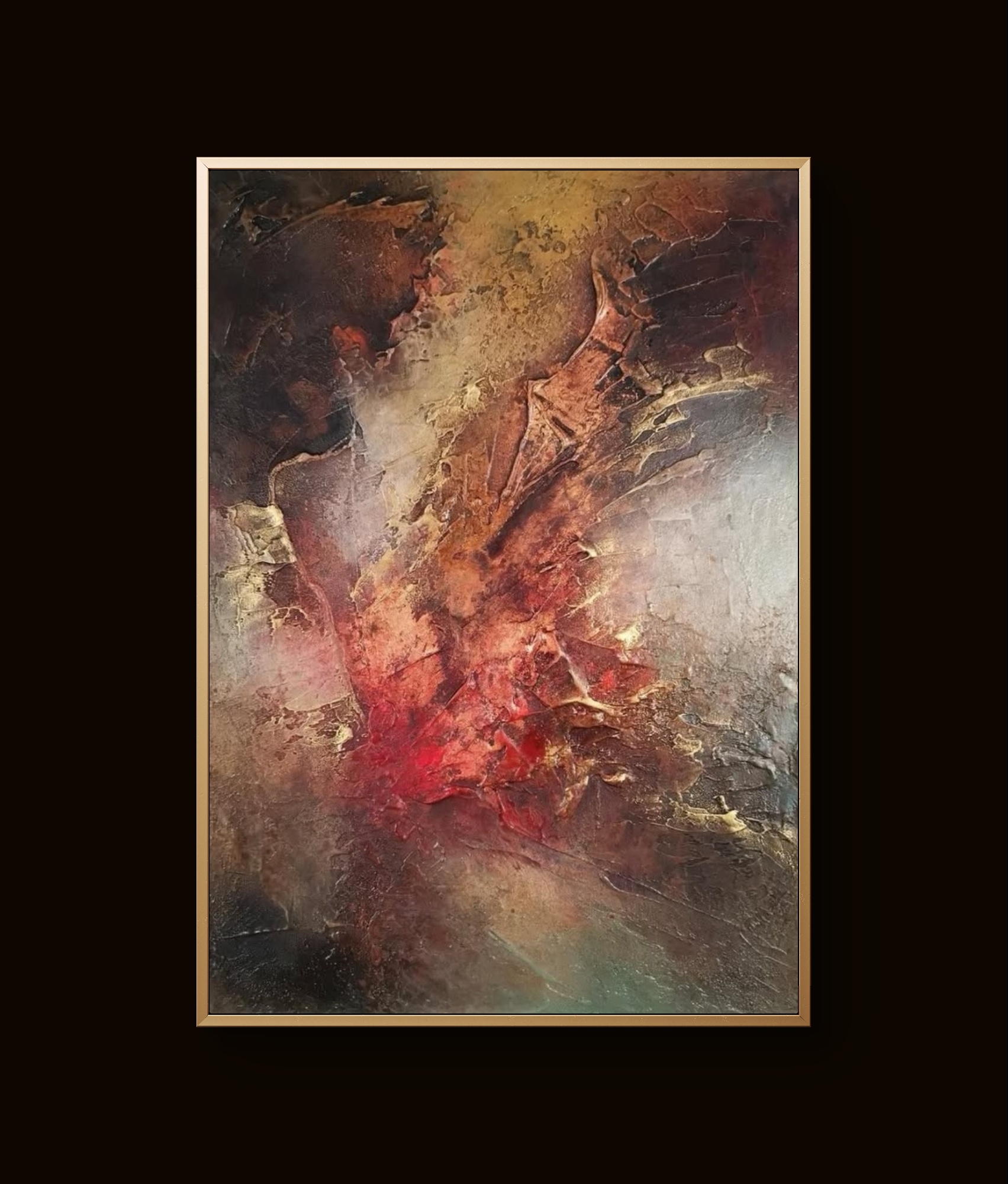 Abstract painting with rich brown, red, and gold tones creating textured depth and warmth