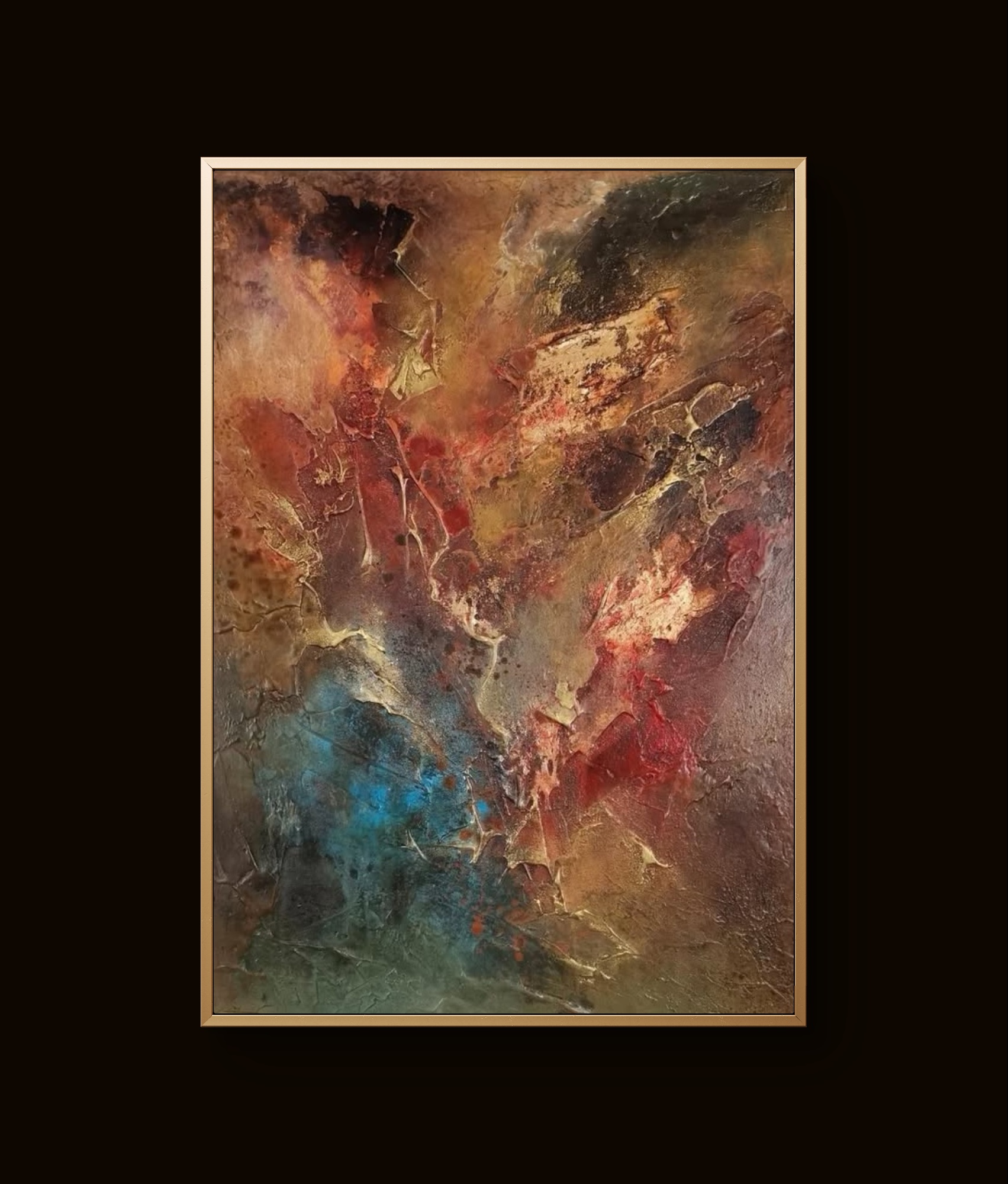 Abstract painting with rich brown, red, and gold tones creating textured depth and warmth