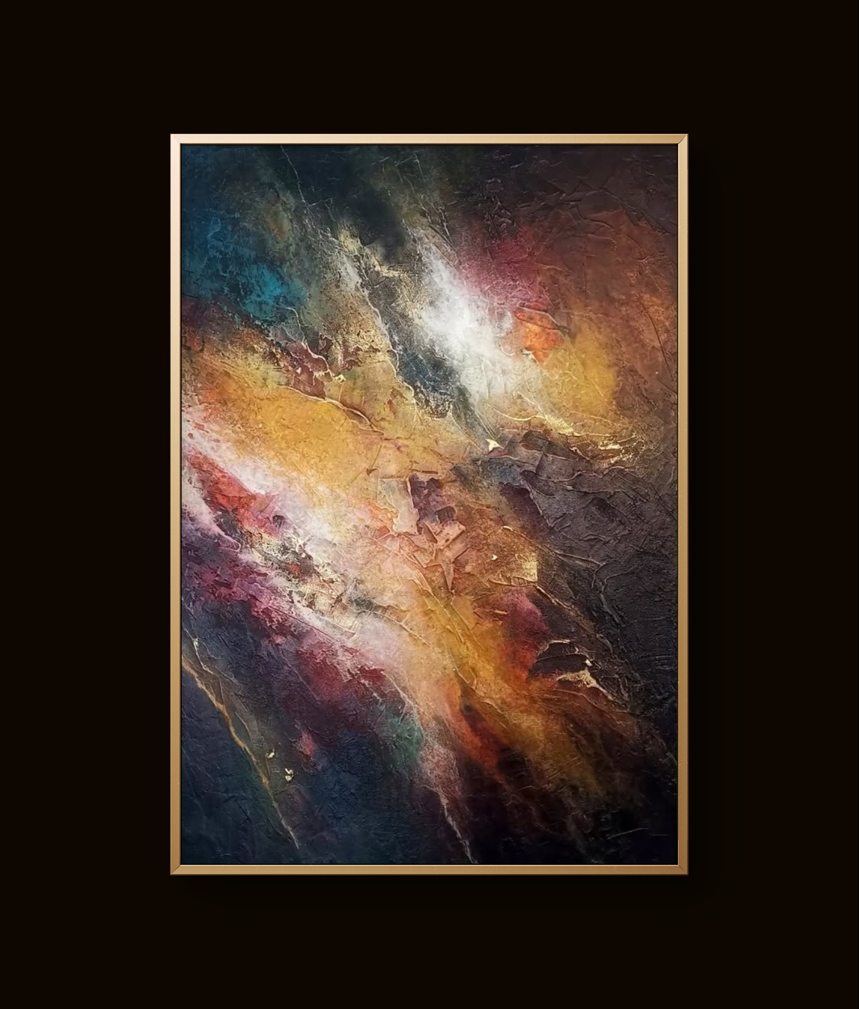 Abstract painting with rich brown, red, and gold tones creating textured depth and warmth
