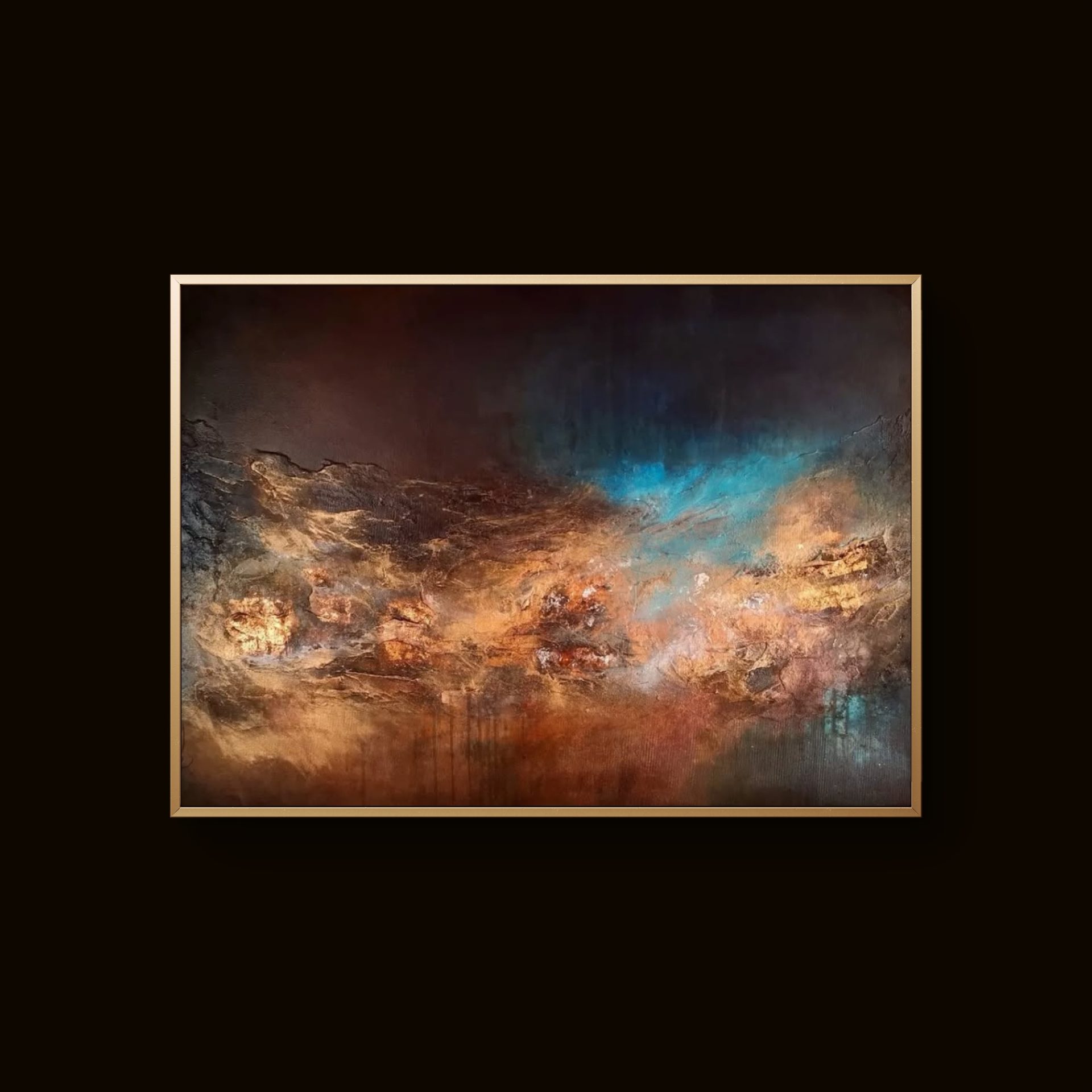 Abstract painting with rich brown, red, and gold tones creating textured depth and warmth