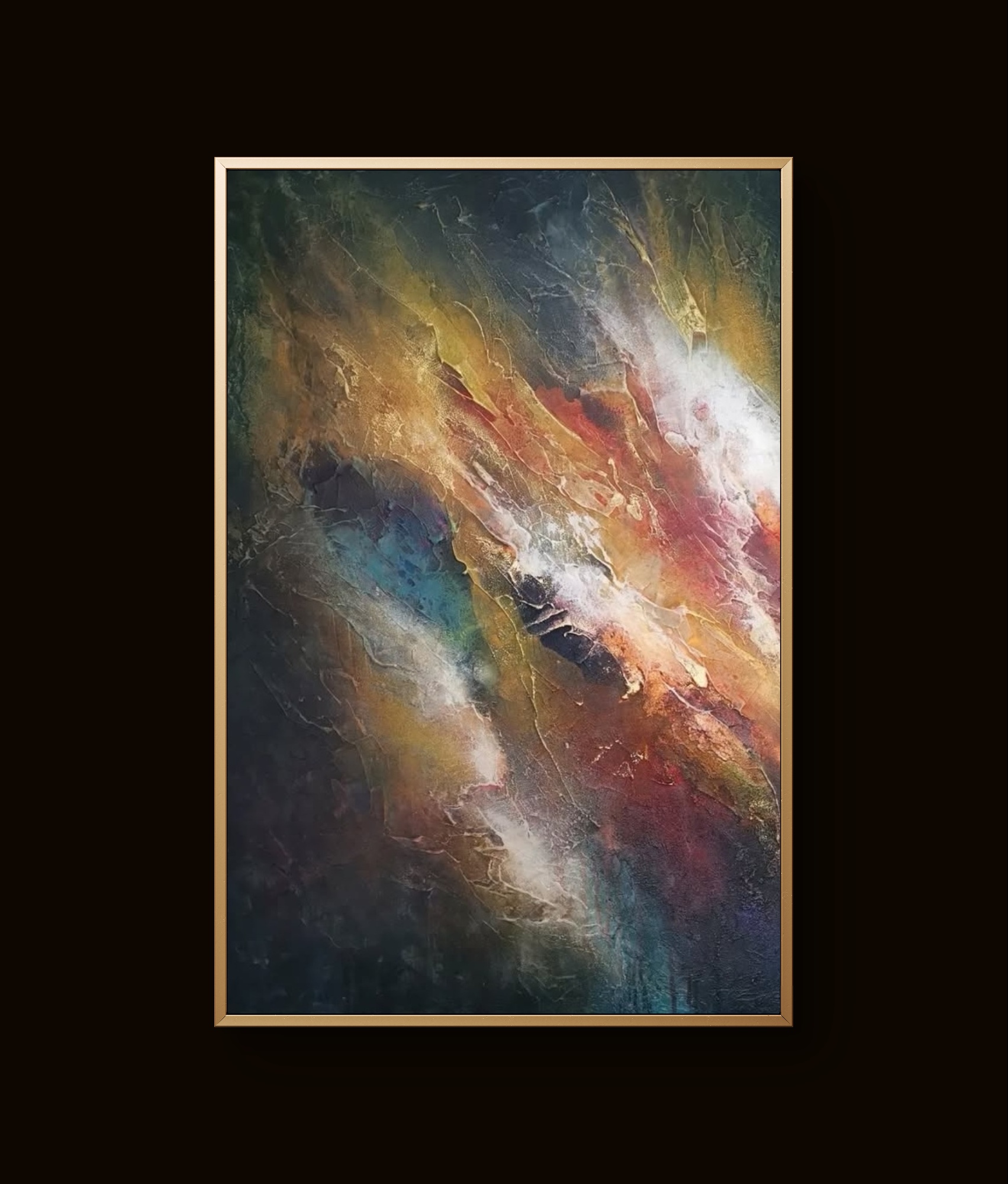 Abstract painting with rich brown, red, and gold tones creating textured depth and warmth