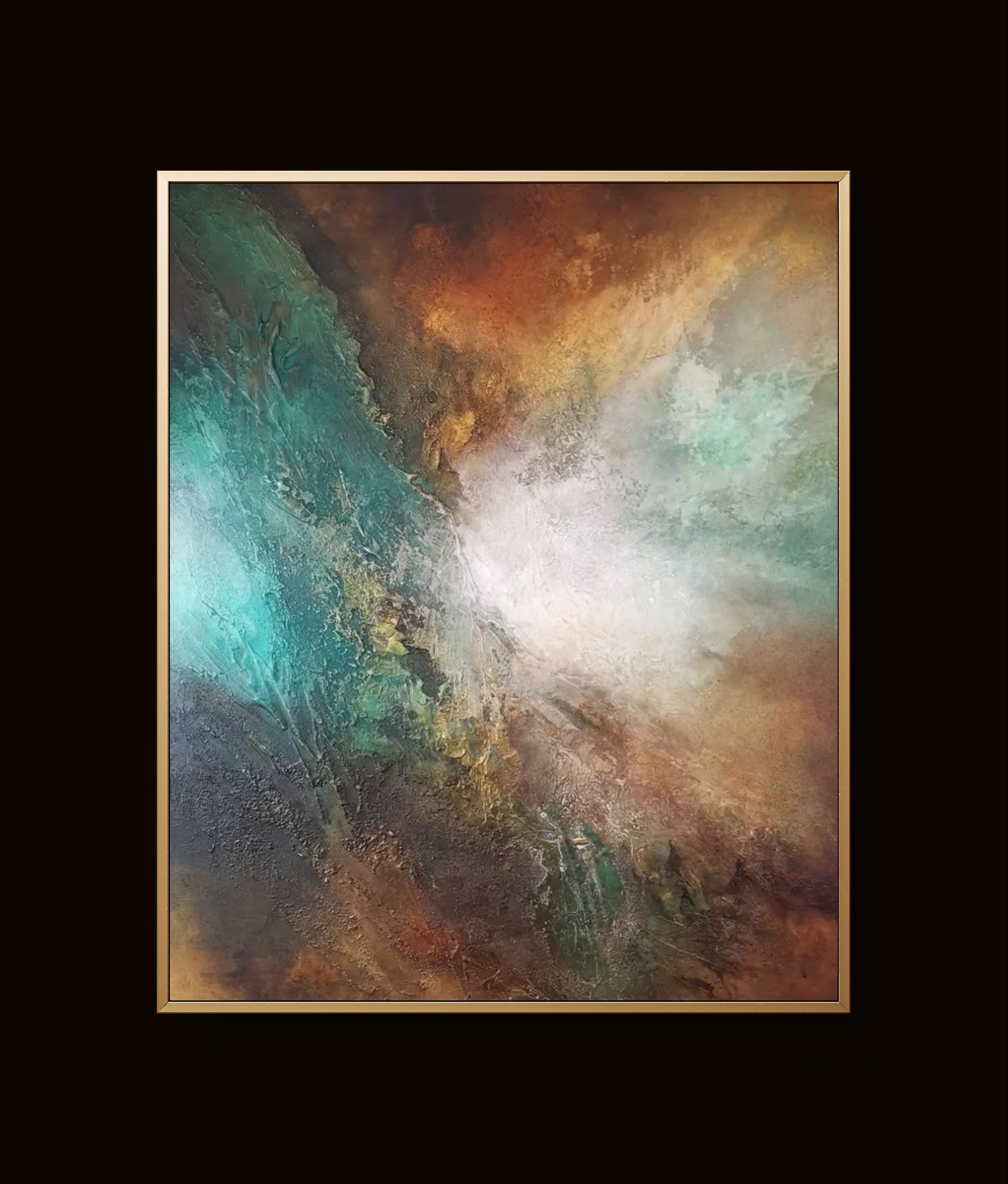 Vibrant abstract painting with teal, brown, and gold tones in dynamic textured patterns