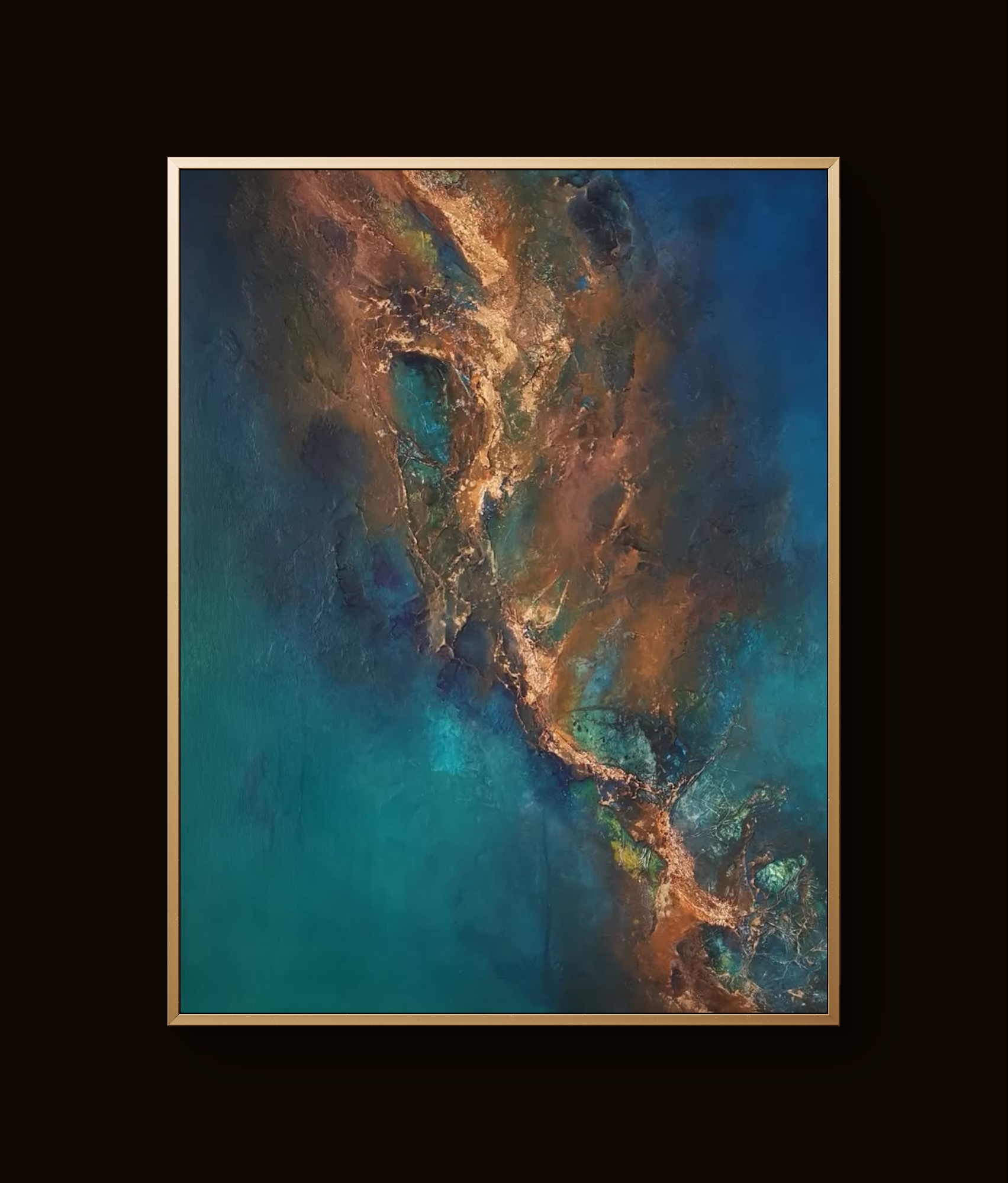 Vibrant abstract painting with teal, brown, and gold tones in dynamic textured patterns