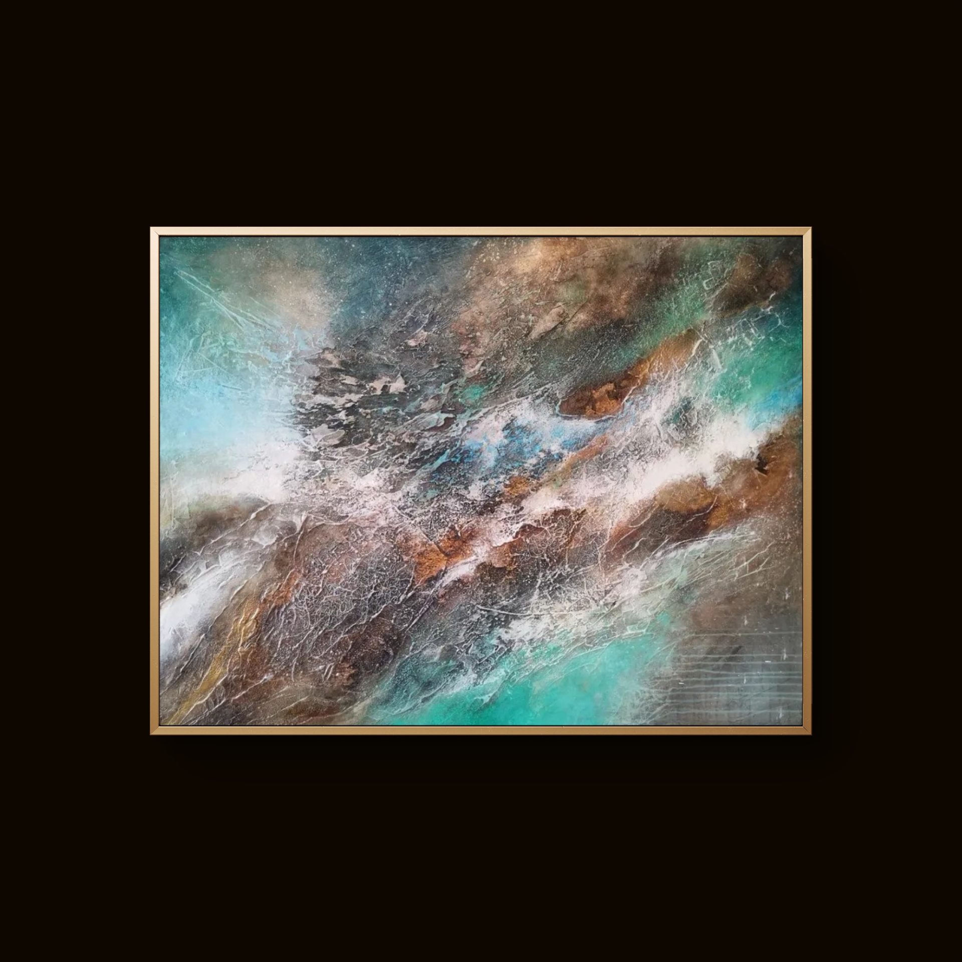 Vibrant abstract painting with teal, brown, and gold tones in dynamic textured patterns