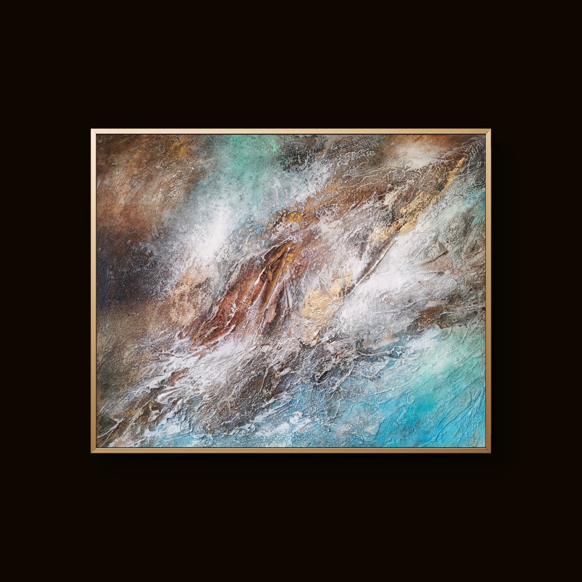 Vibrant abstract painting with teal, brown, and gold tones in dynamic textured patterns