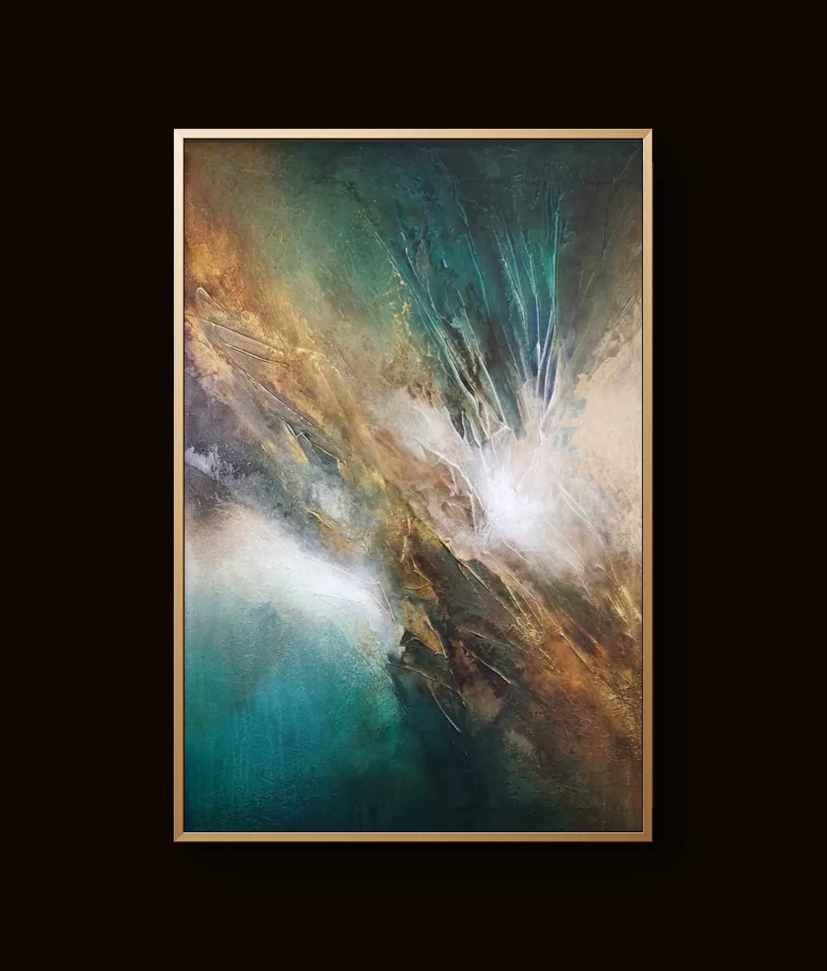 Vibrant abstract painting with teal, brown, and gold tones in dynamic textured patterns