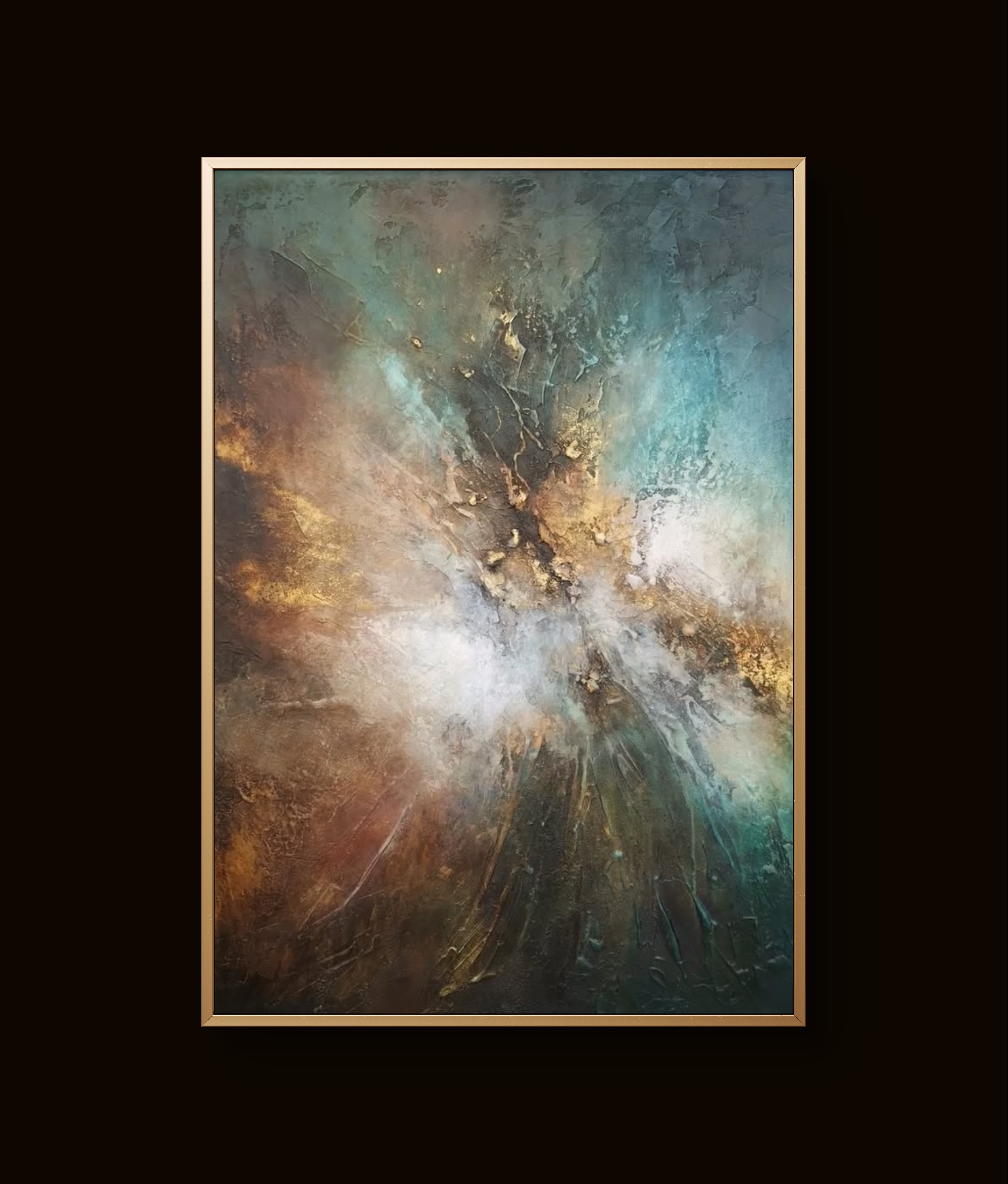 Vibrant abstract painting with teal, brown, and gold tones in dynamic textured patterns