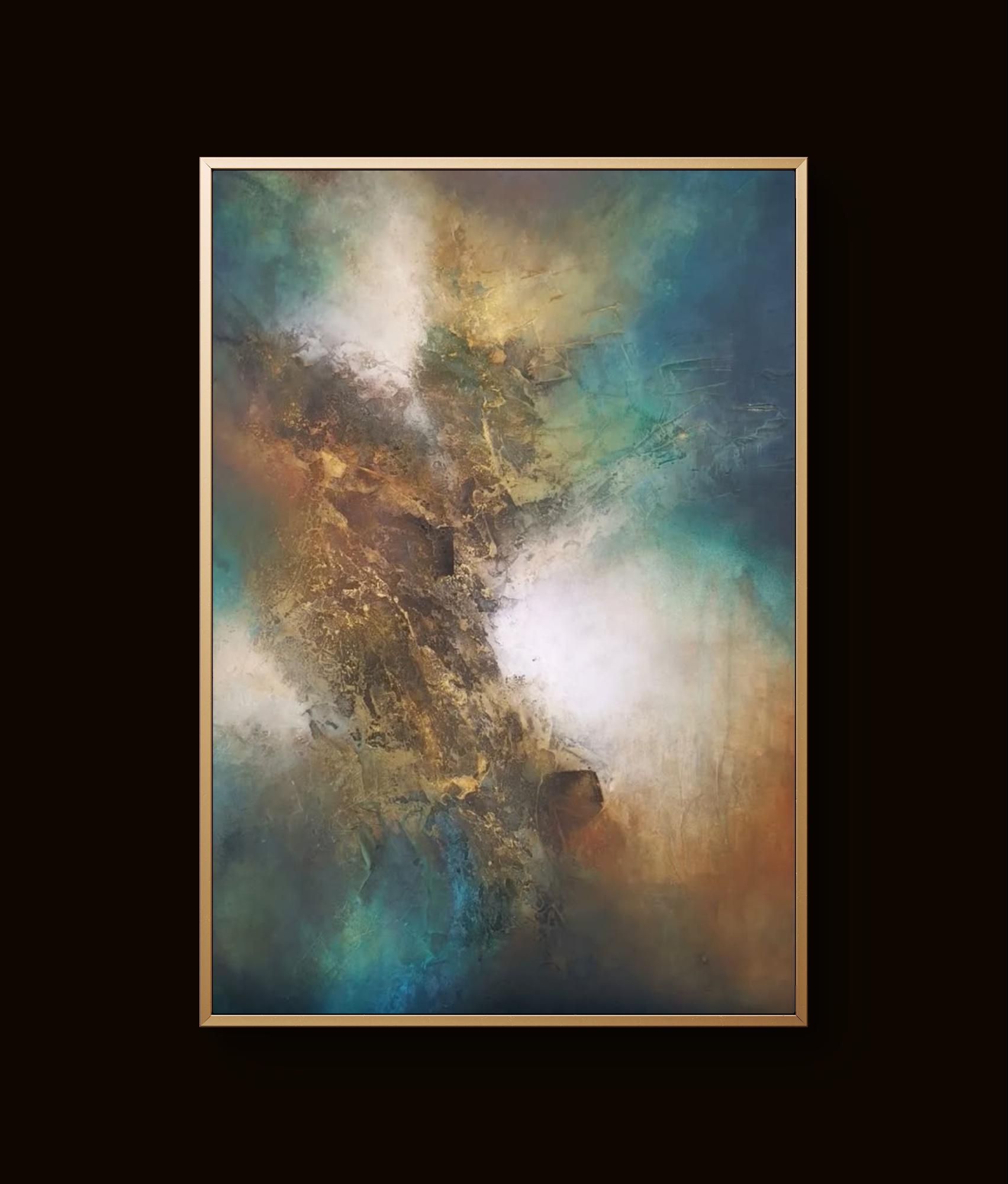 Vibrant abstract painting with teal, brown, and gold tones in dynamic textured patterns