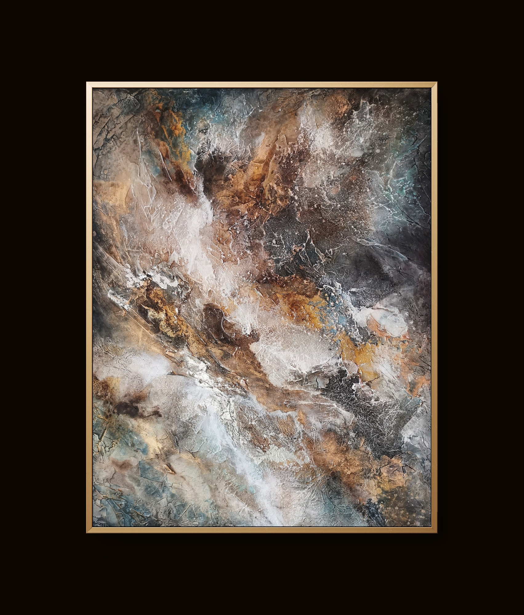 Modern abstract art blending earthy and cool hues with rich depth and movement