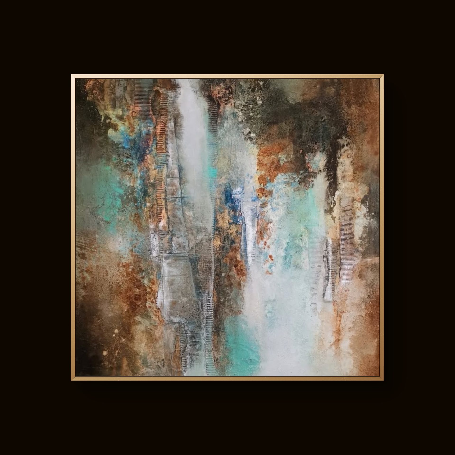 Modern abstract art blending earthy and cool hues with rich depth and movement
