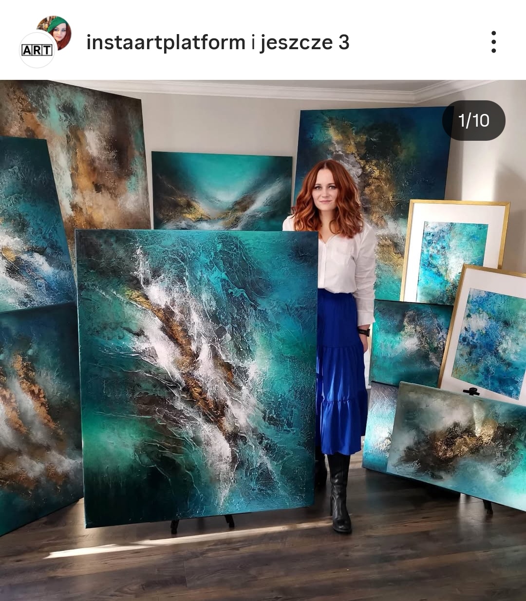 Abstract artist and large-scale paintings in a studio and modern interiors