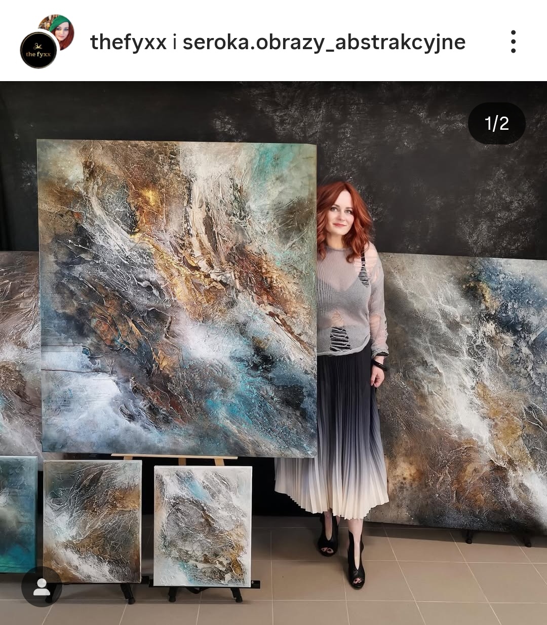 Abstract artist and large-scale paintings in a studio and modern interiors
