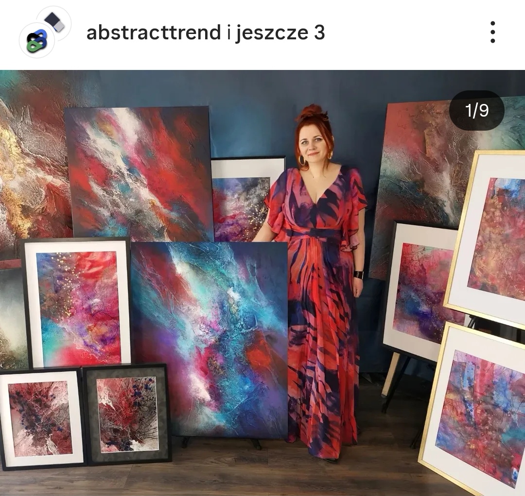 Abstract artist and large-scale paintings in a studio and modern interiors