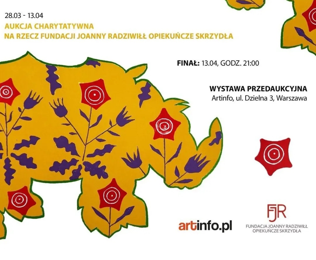Poster for a charity art auction with a stylized yellow rhino
