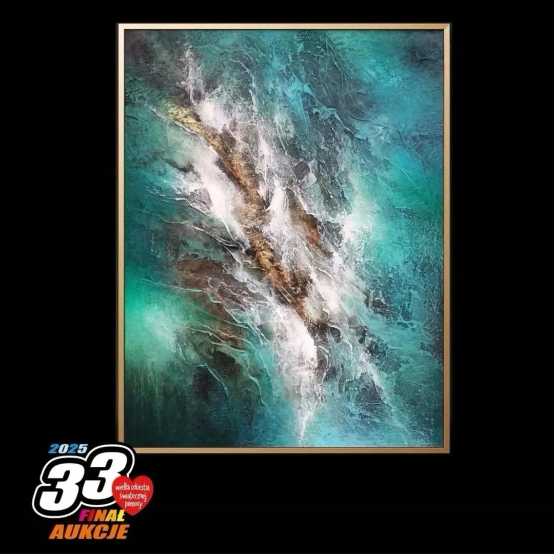 An online auction page showing a structural abstract painting, as part of a charity auction