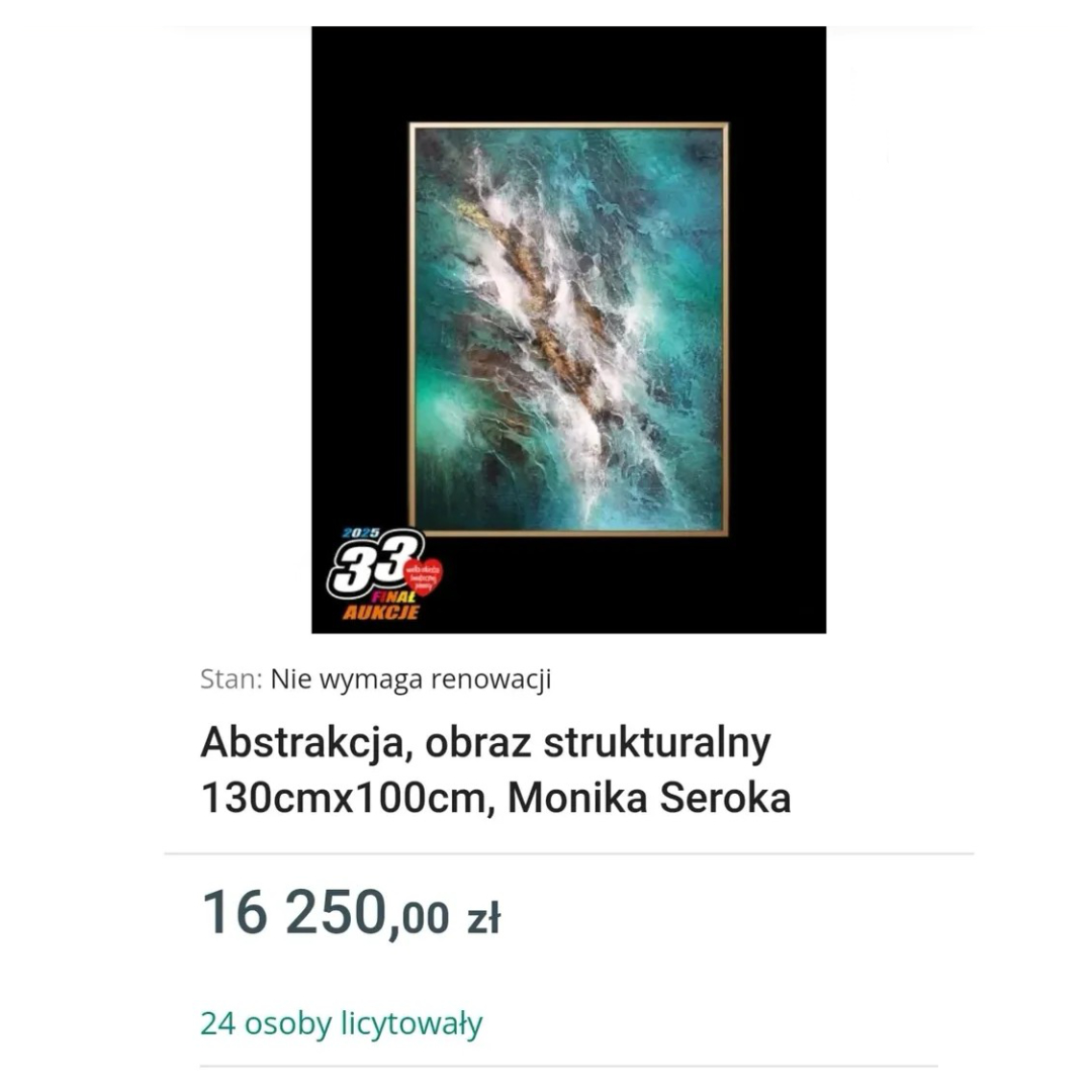 An online auction page showing a structural abstract painting, as part of a charity auction