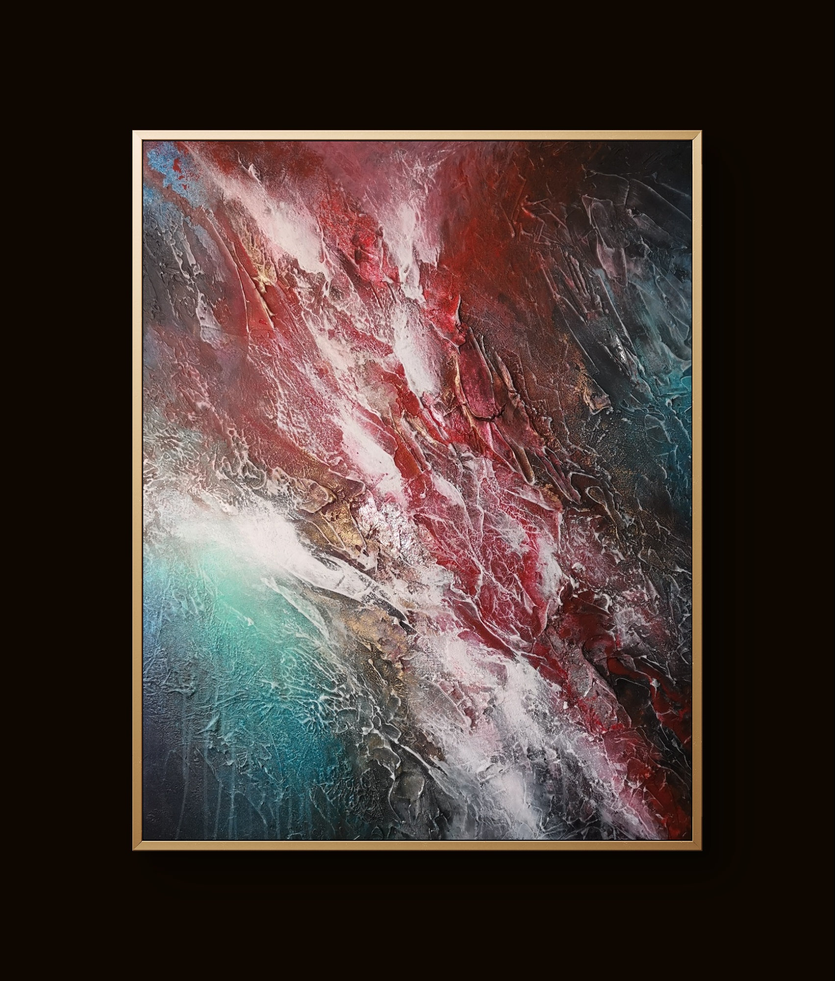 Abstract painting with bold colors and textured strokes creating dynamic movement
