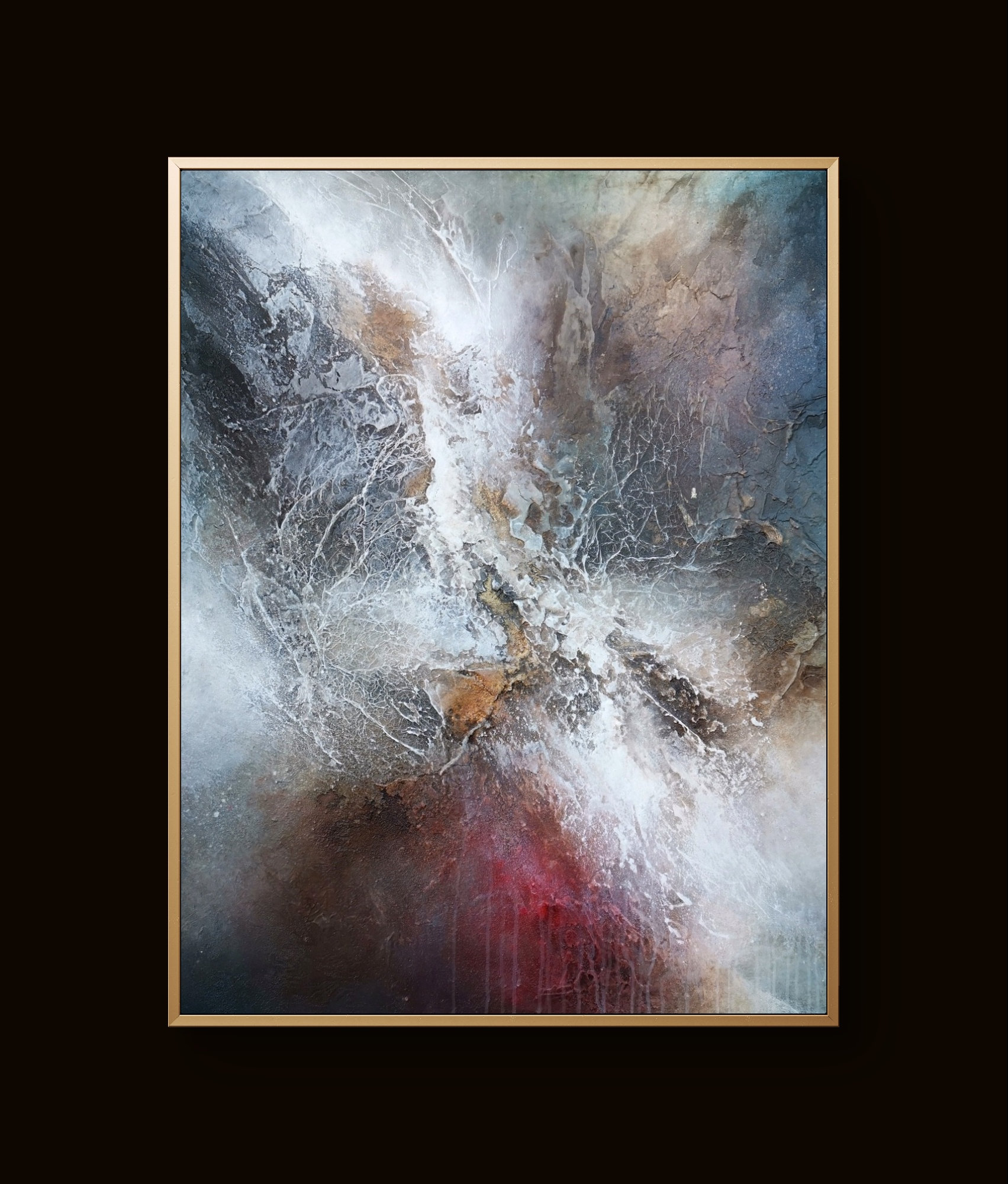 Abstract painting with bold colors and textured strokes creating dynamic movement