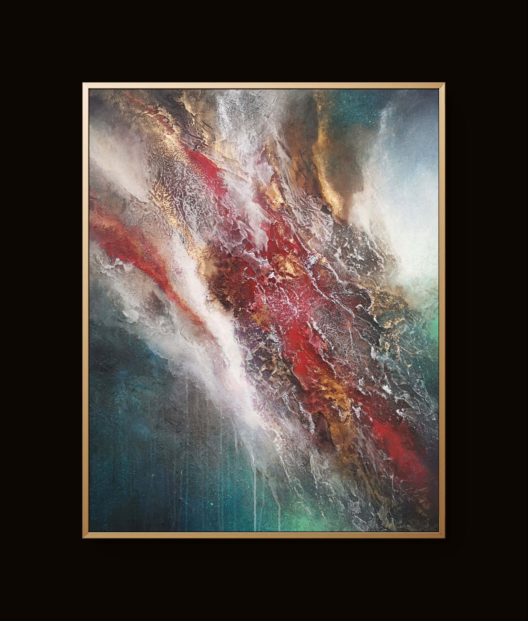 Abstract painting with bold colors and textured strokes creating dynamic movement
