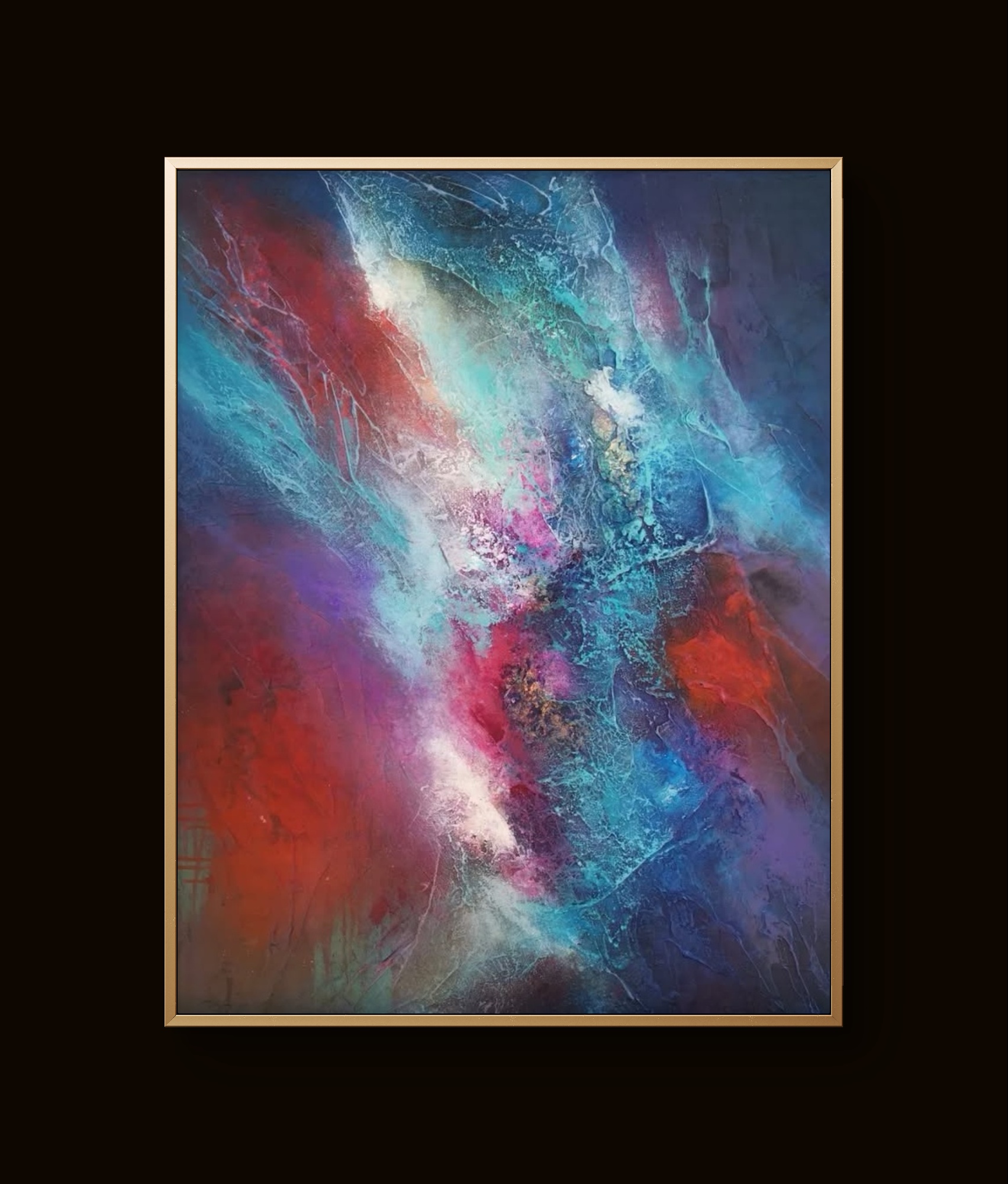 Vibrant contemporary art blending red, blue, and white in fluid, textured patterns