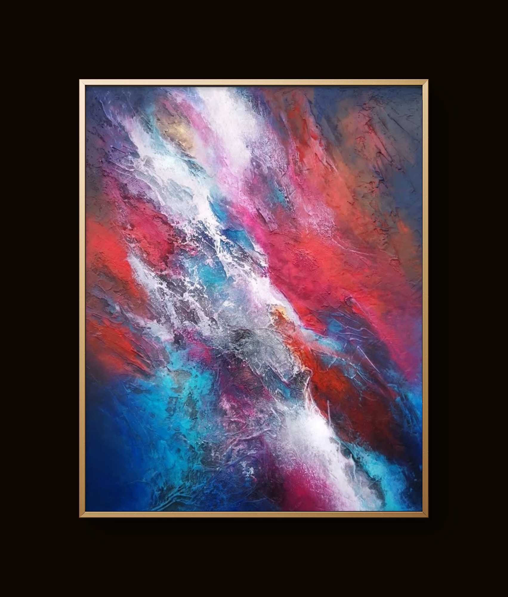 Vibrant contemporary art blending red, blue, and white in fluid, textured patterns