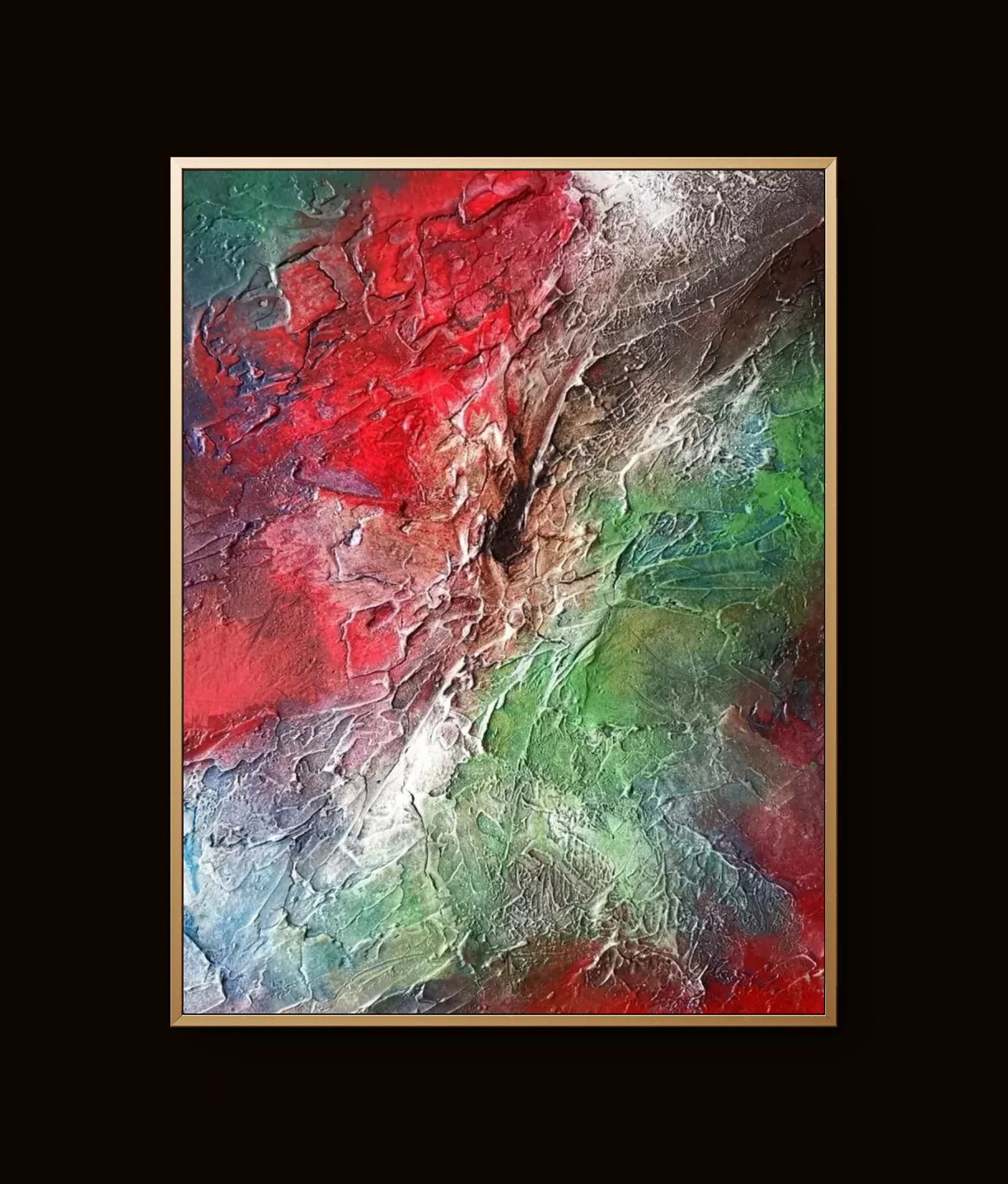Contemporary abstract canvas featuring red, teal, and earthy hues with striking white highlight