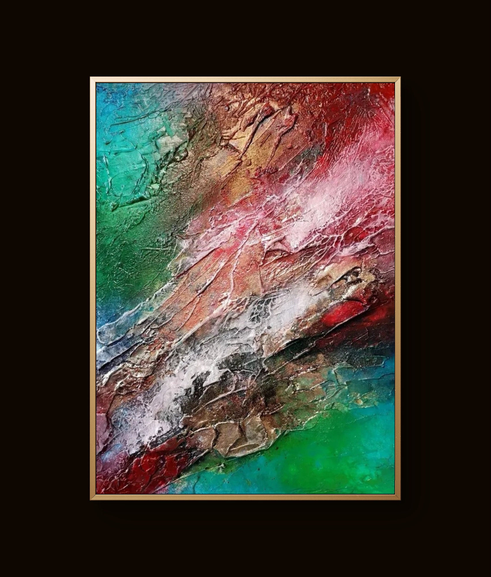 Contemporary abstract canvas featuring red, teal, and earthy hues with striking white highlight