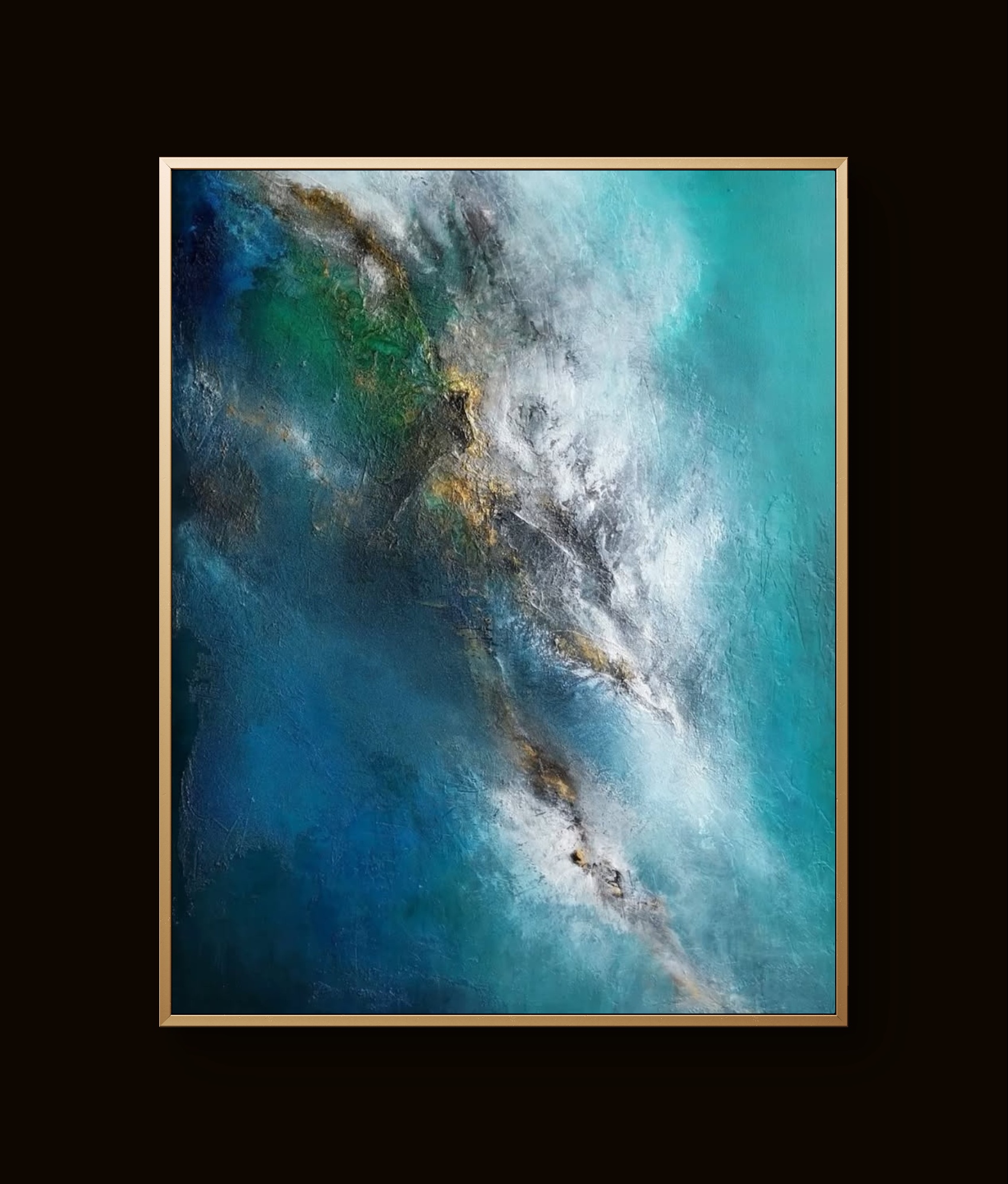 Abstract teal and turquoise painting with gold and white accents