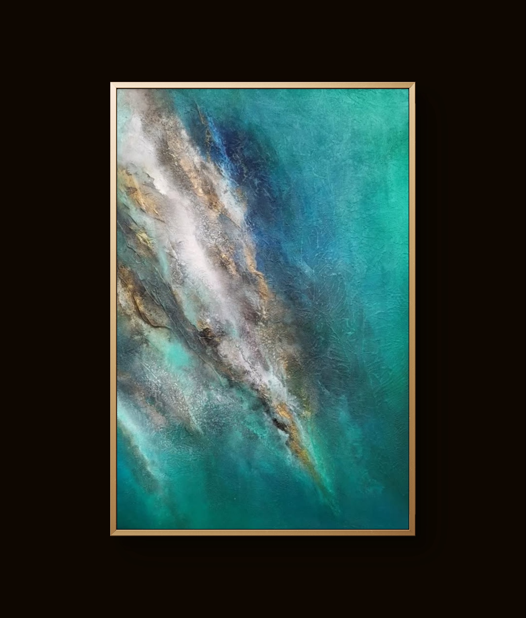 Abstract teal and turquoise painting with gold and white accents