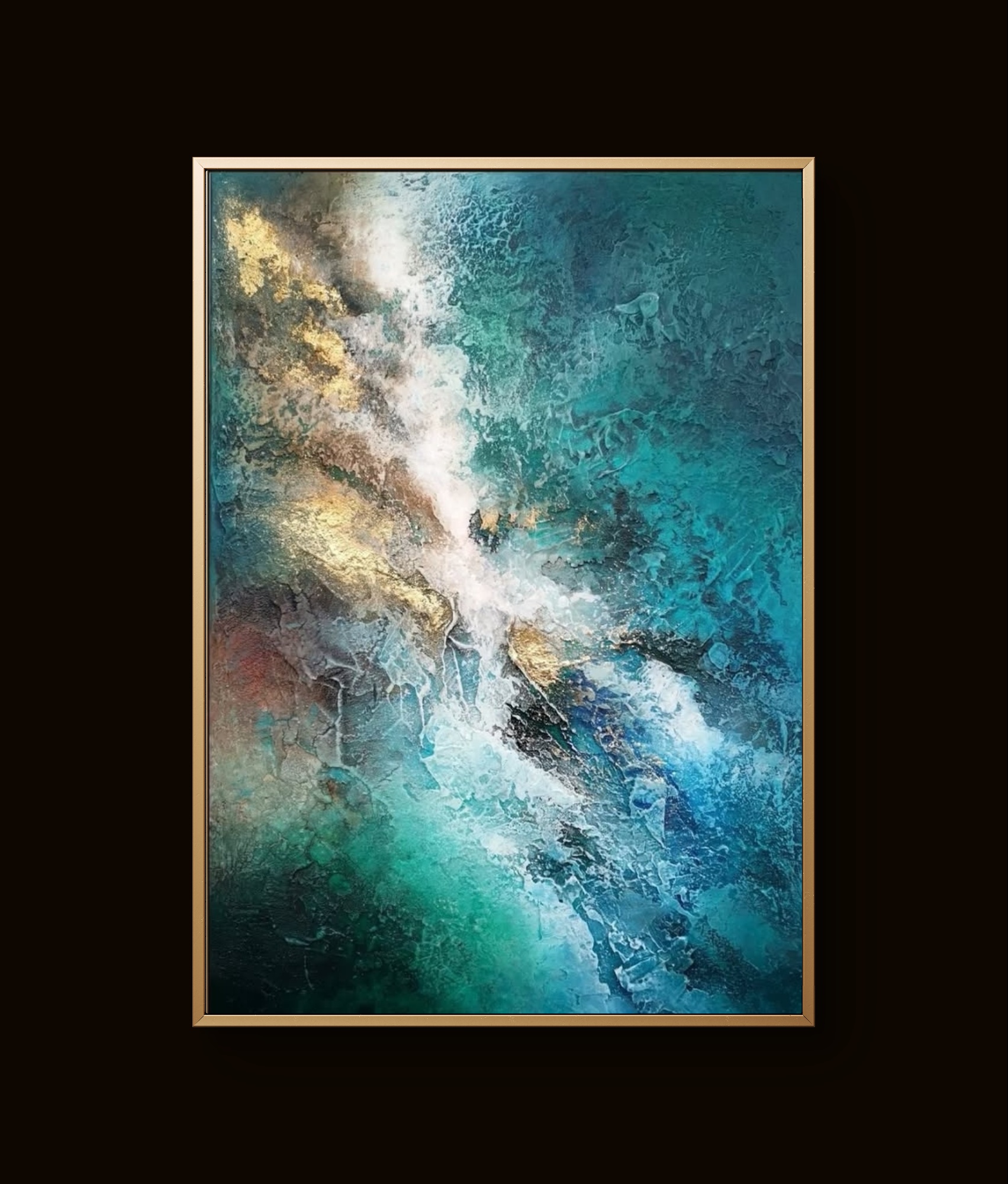 Abstract teal and turquoise painting with gold and white accents
