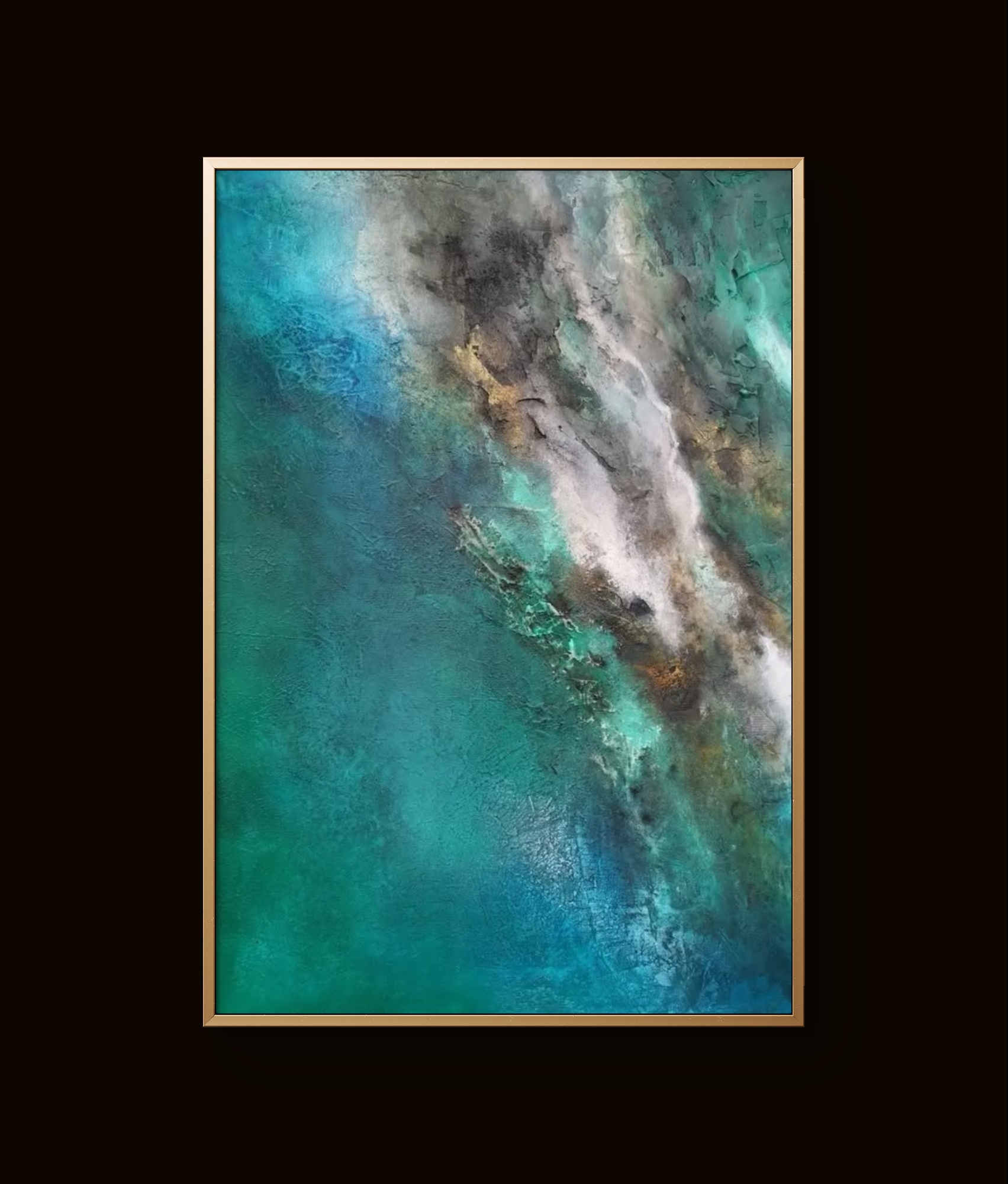 Abstract teal and turquoise painting with gold and white accents