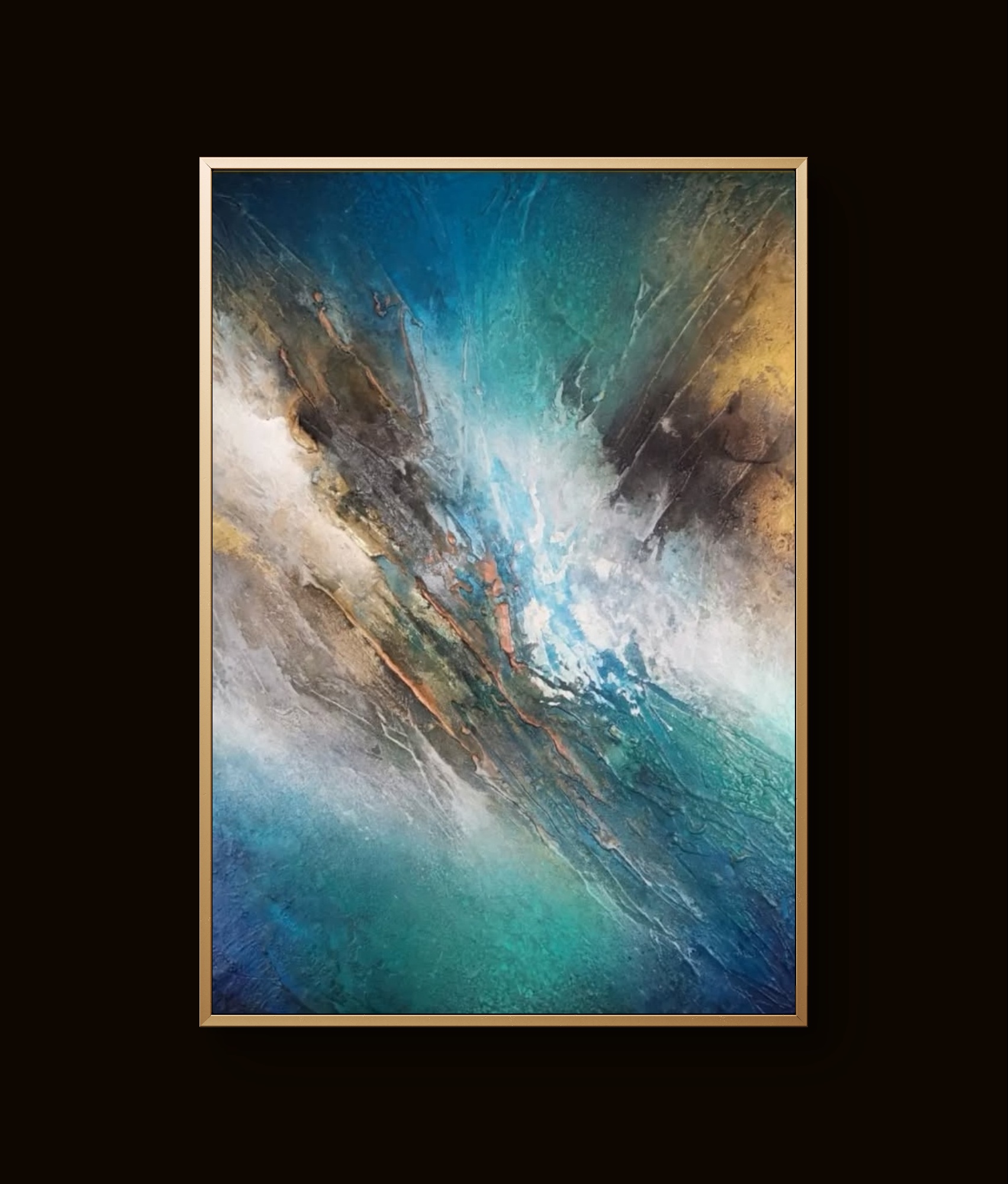 Abstract teal and turquoise painting with gold and white accents