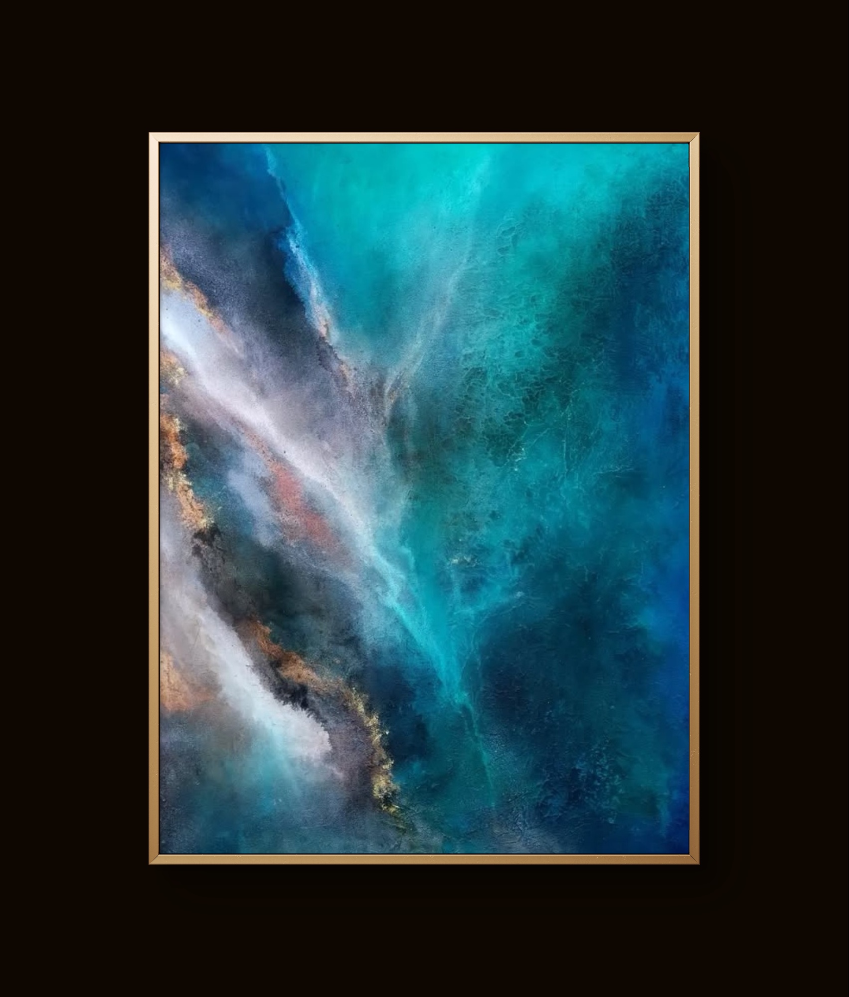 Abstract teal and turquoise painting with gold and white accents