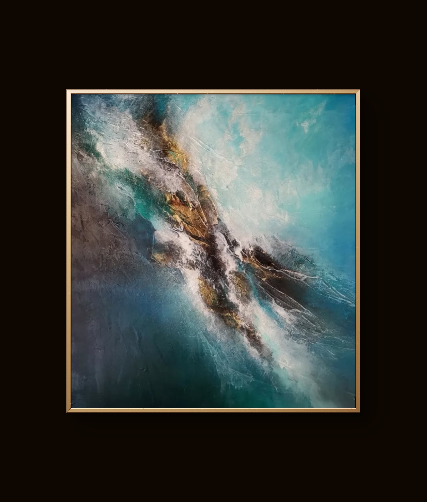Abstract blue and gold textured painting with swirling patterns and layered depth