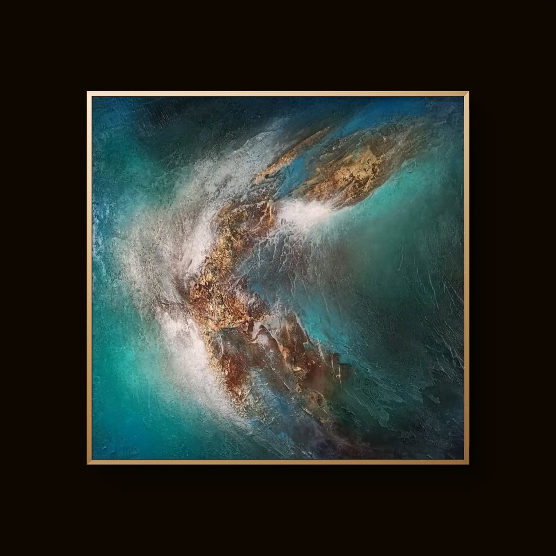 Abstract blue and gold textured painting with swirling patterns and layered depth
