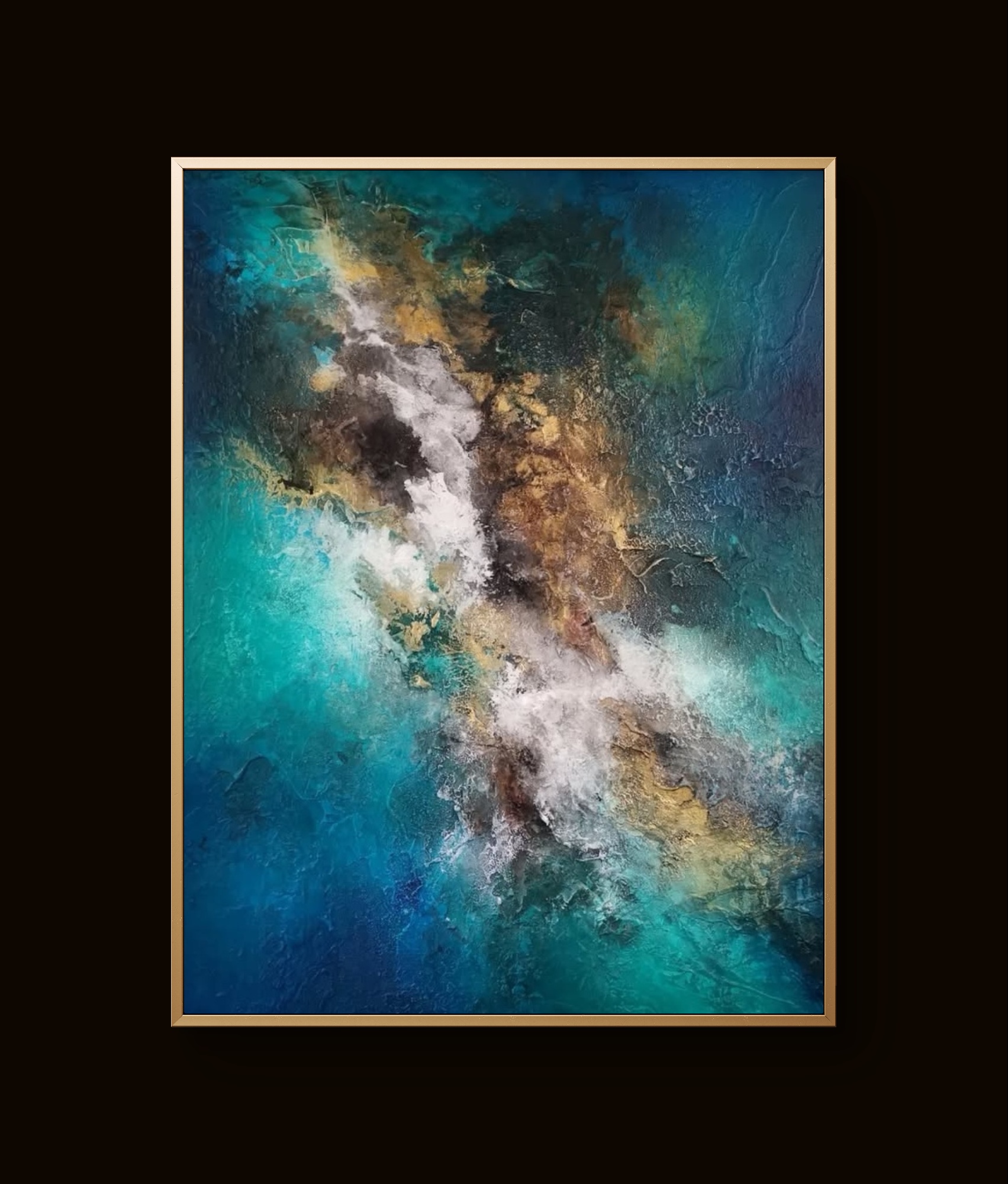 Abstract blue and gold textured painting with swirling patterns and layered depth
