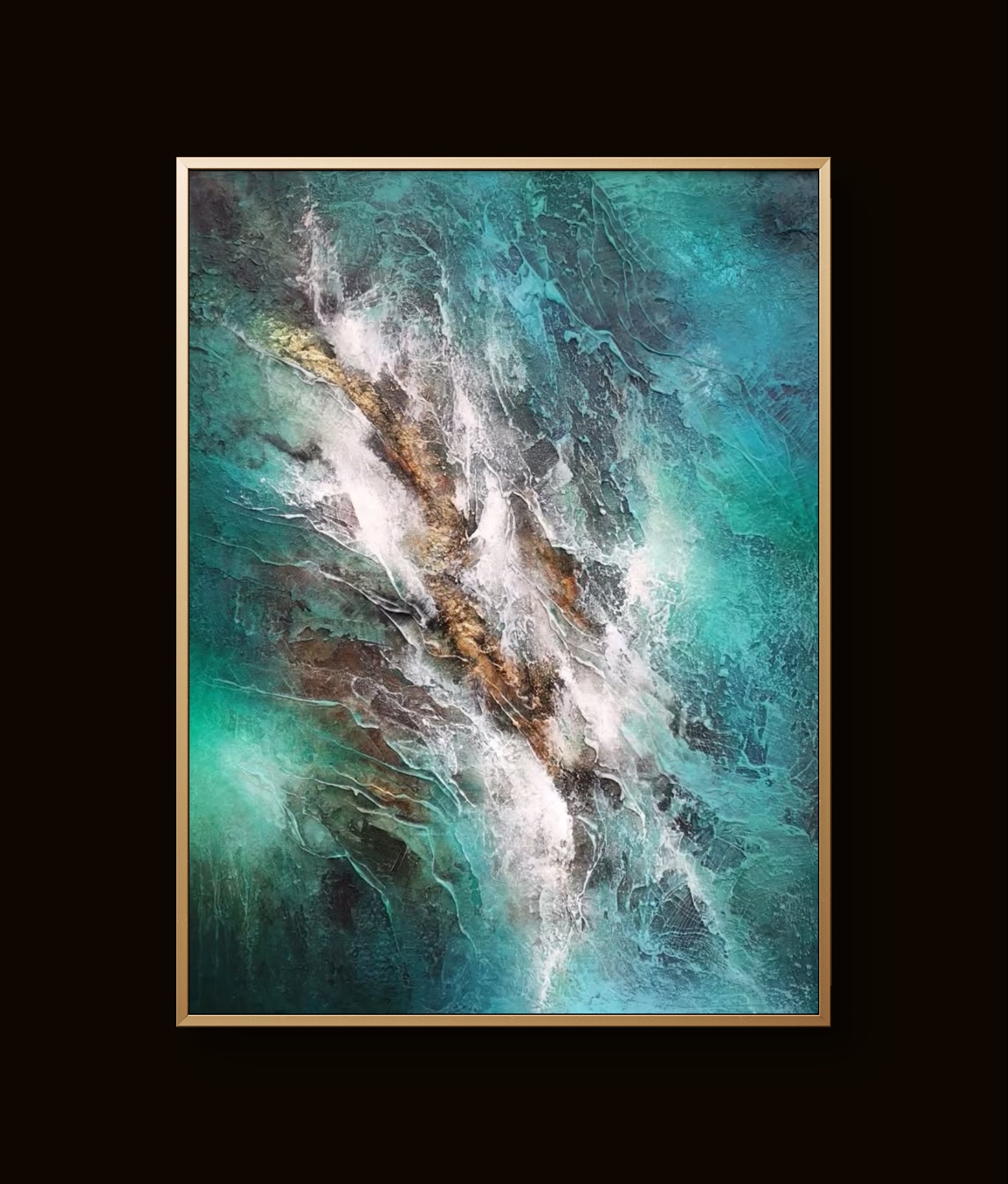 Abstract blue and gold textured painting with swirling patterns and layered depth