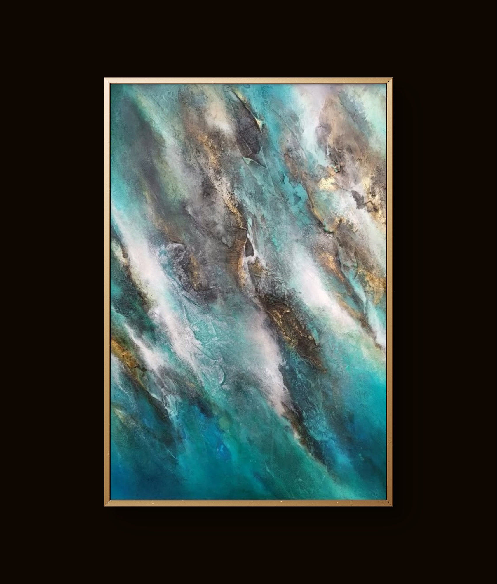 Abstract blue and gold textured painting with swirling patterns and layered depth