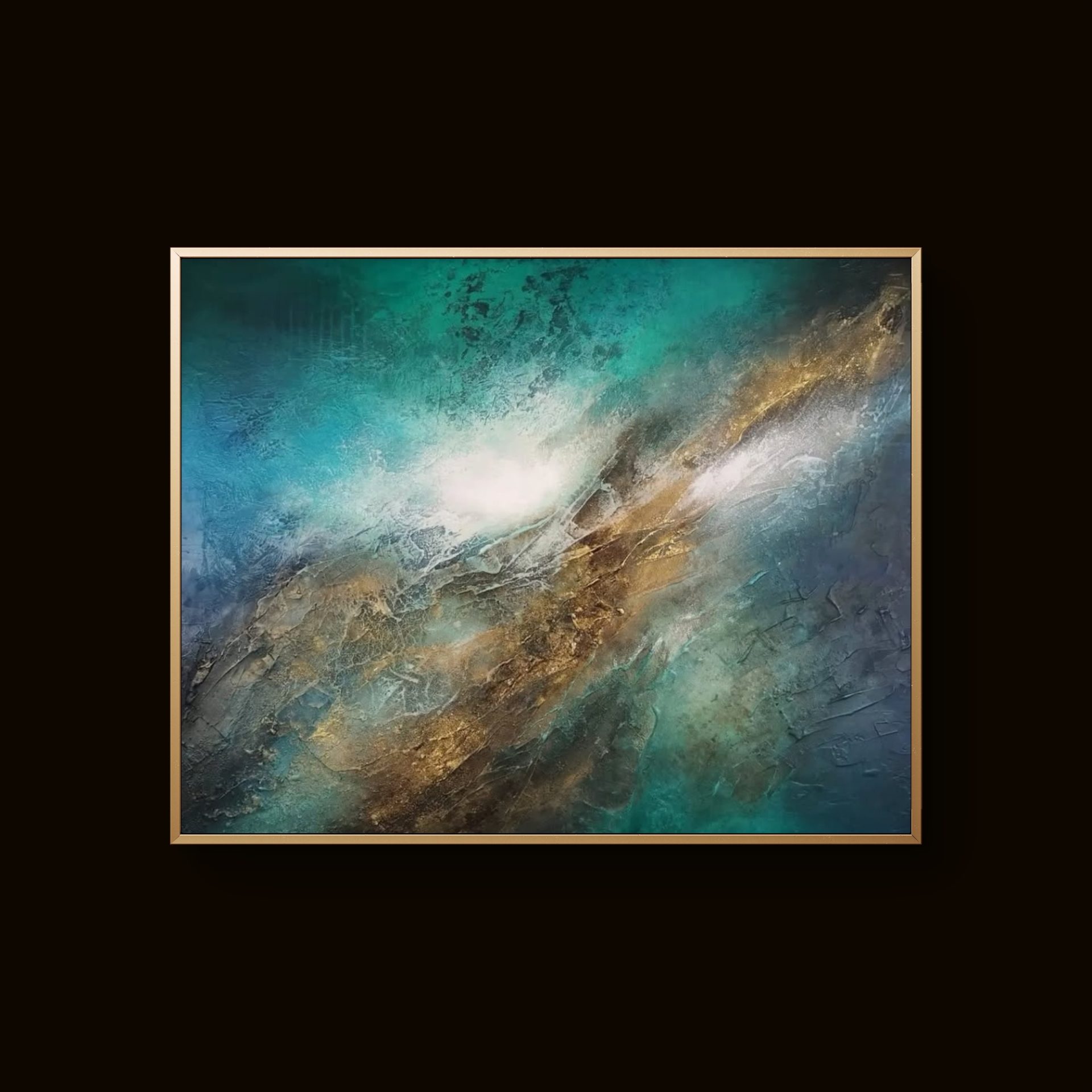 Abstract blue and gold textured painting with swirling patterns and layered depth