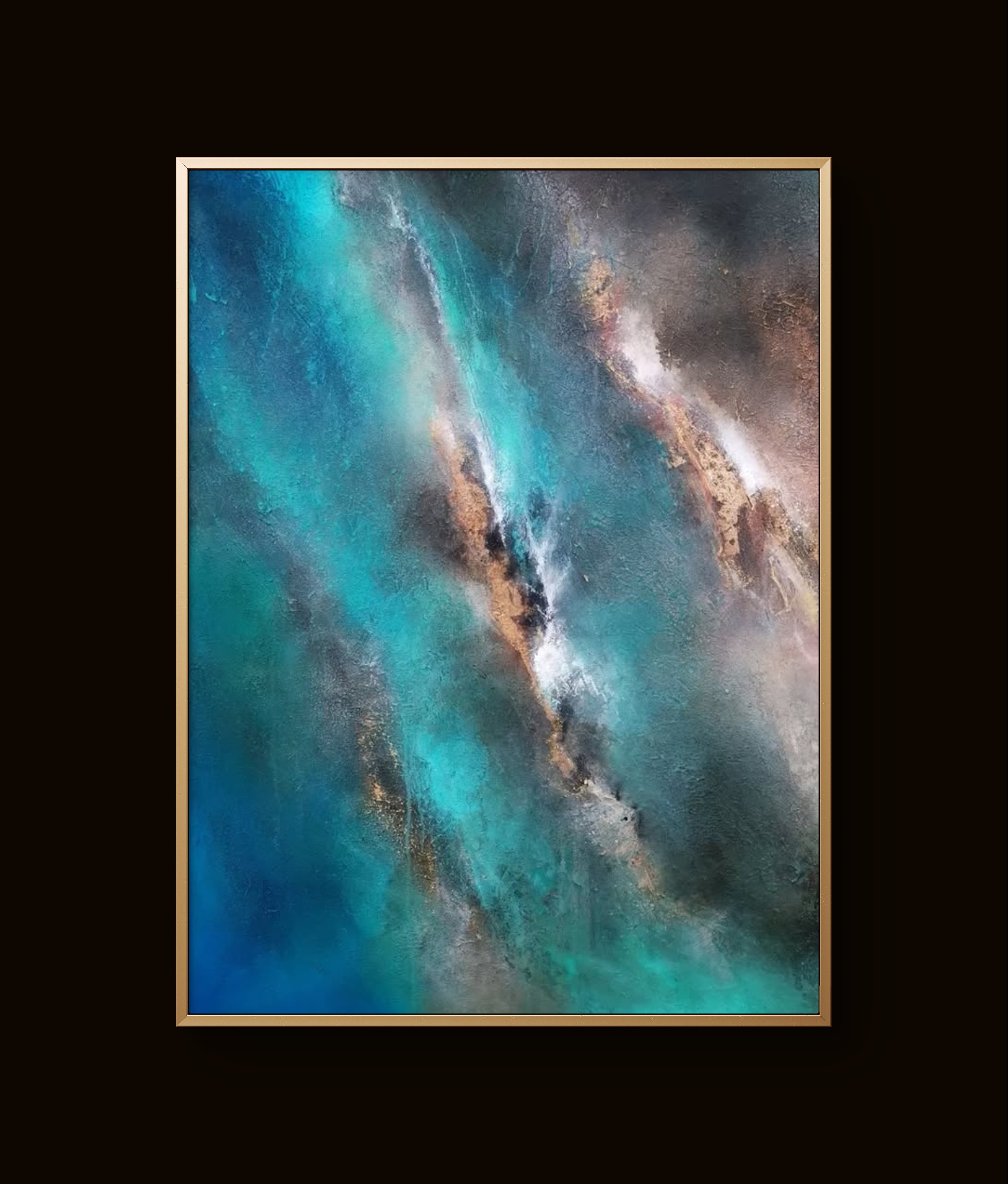 Abstract blue and gold textured painting with swirling patterns and layered depth
