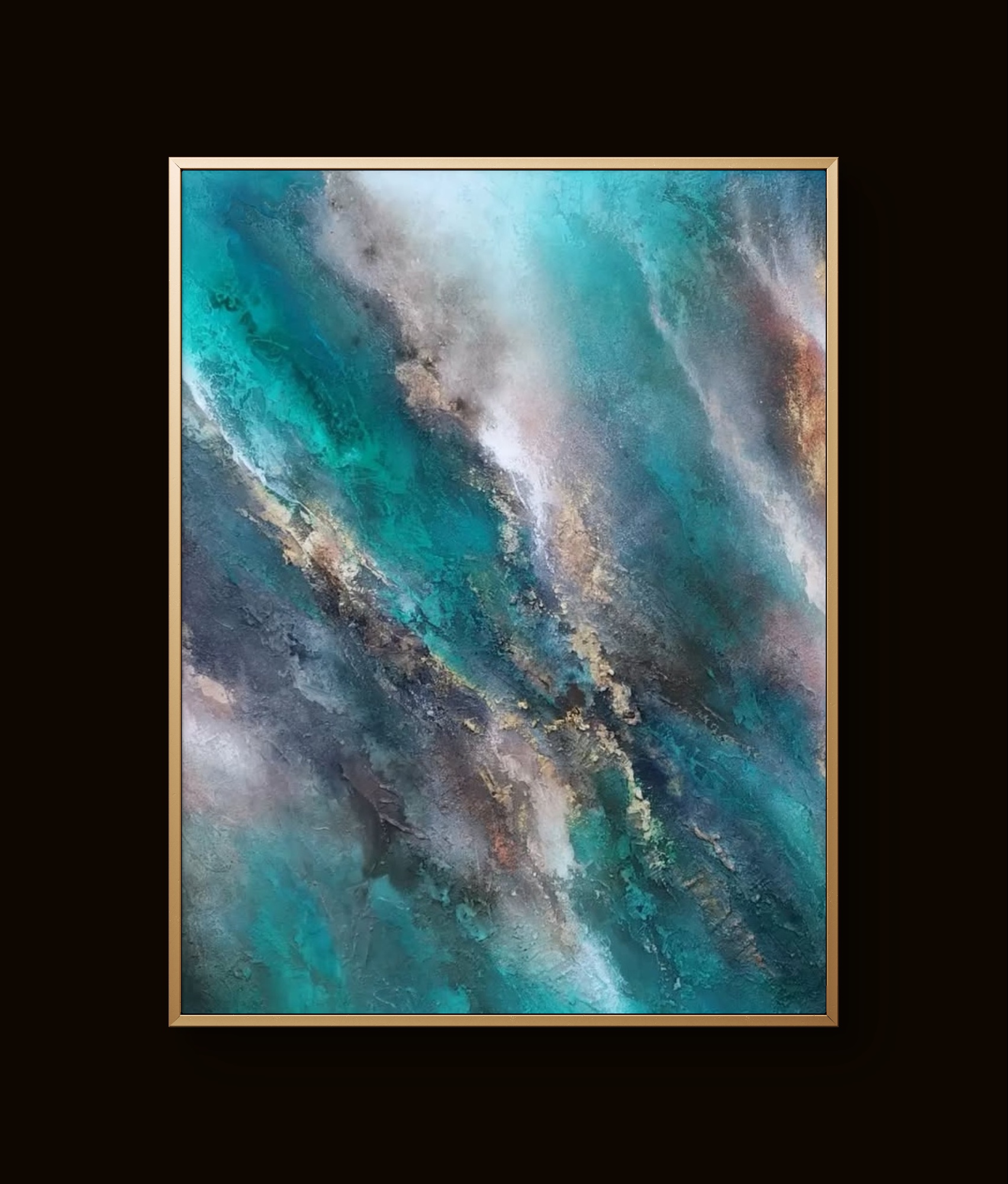 Abstract blue and gold textured painting with swirling patterns and layered depth