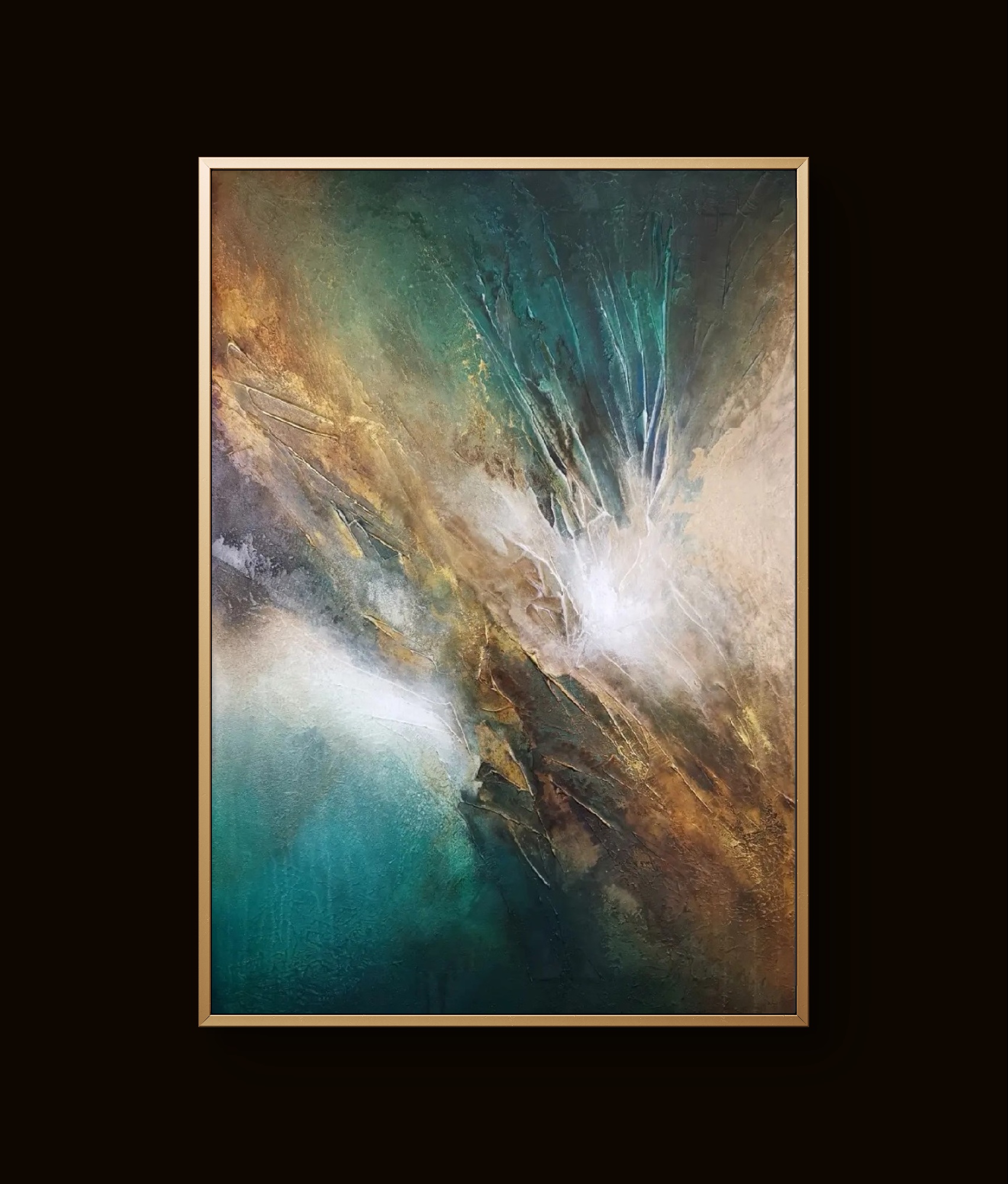 Vibrant abstract painting with teal, brown, and gold tones in dynamic textured patterns