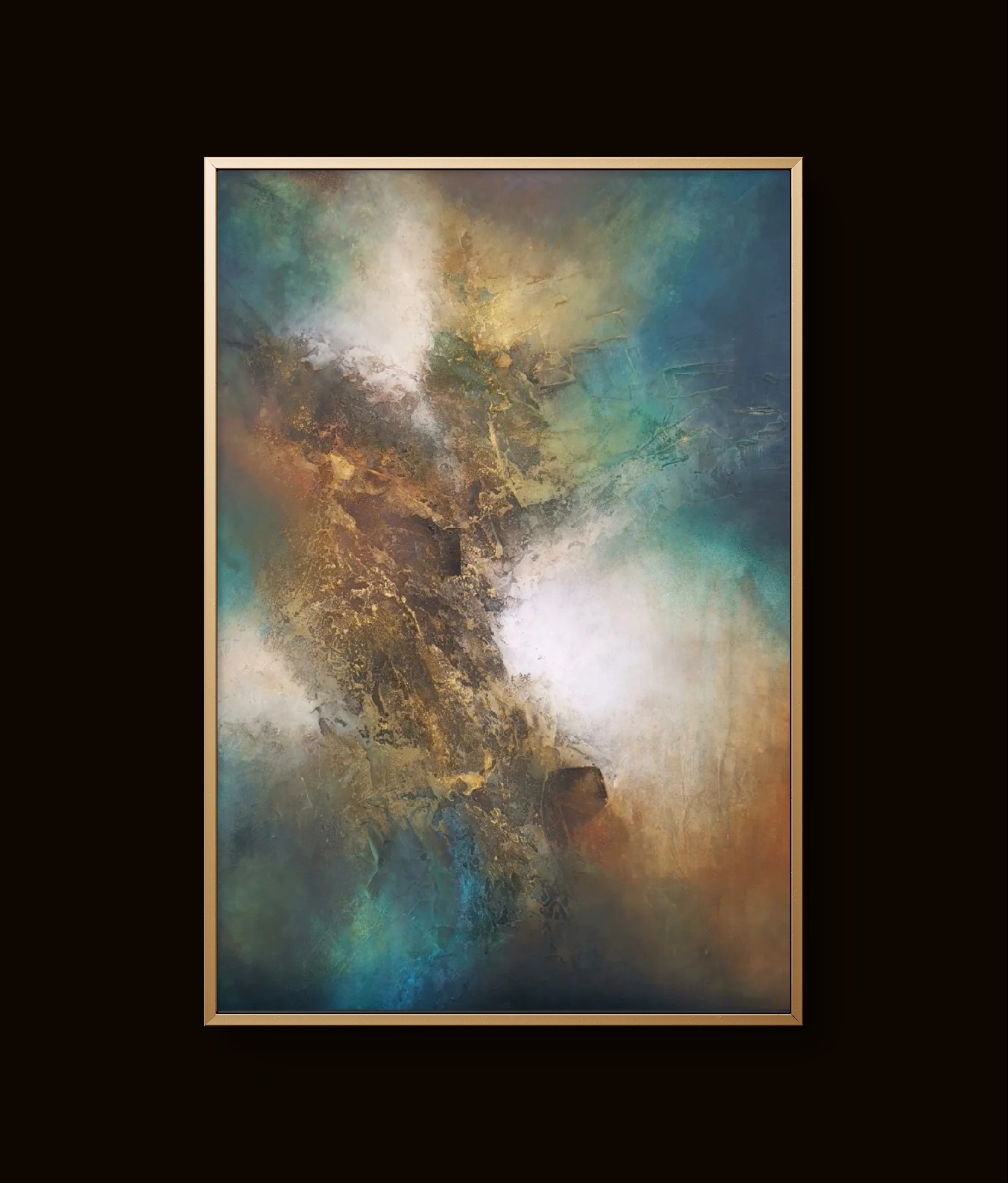 Vibrant abstract painting with teal, brown, and gold tones in dynamic textured patterns